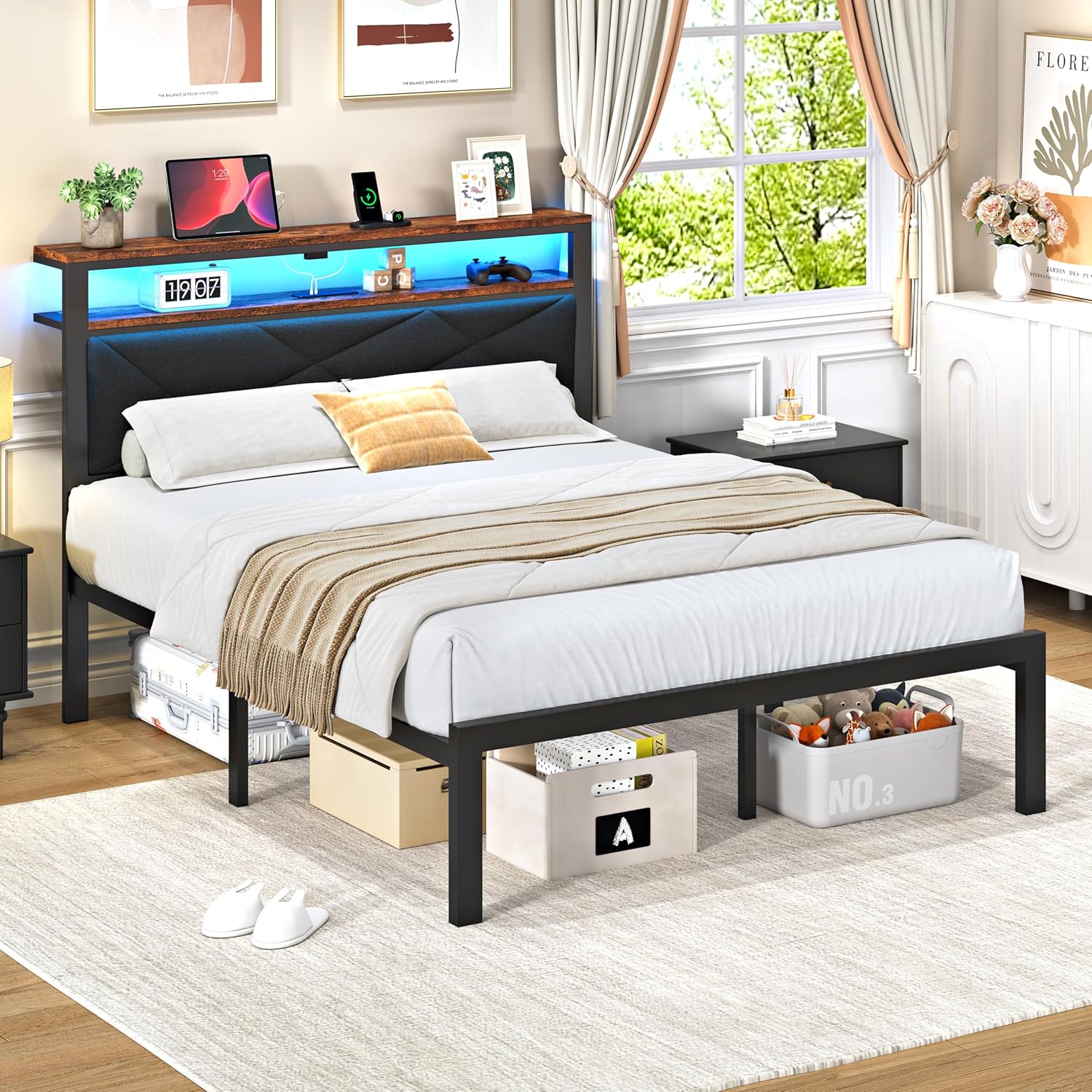 ChicZhiNest Queen Size Bed Frame with 2 Tier Upholstered Storage Headboard and Under Bed Storage,Platform Bedframe with LED Lights and Charging Station, No Box Spring Needed,Easy Assembly,Black