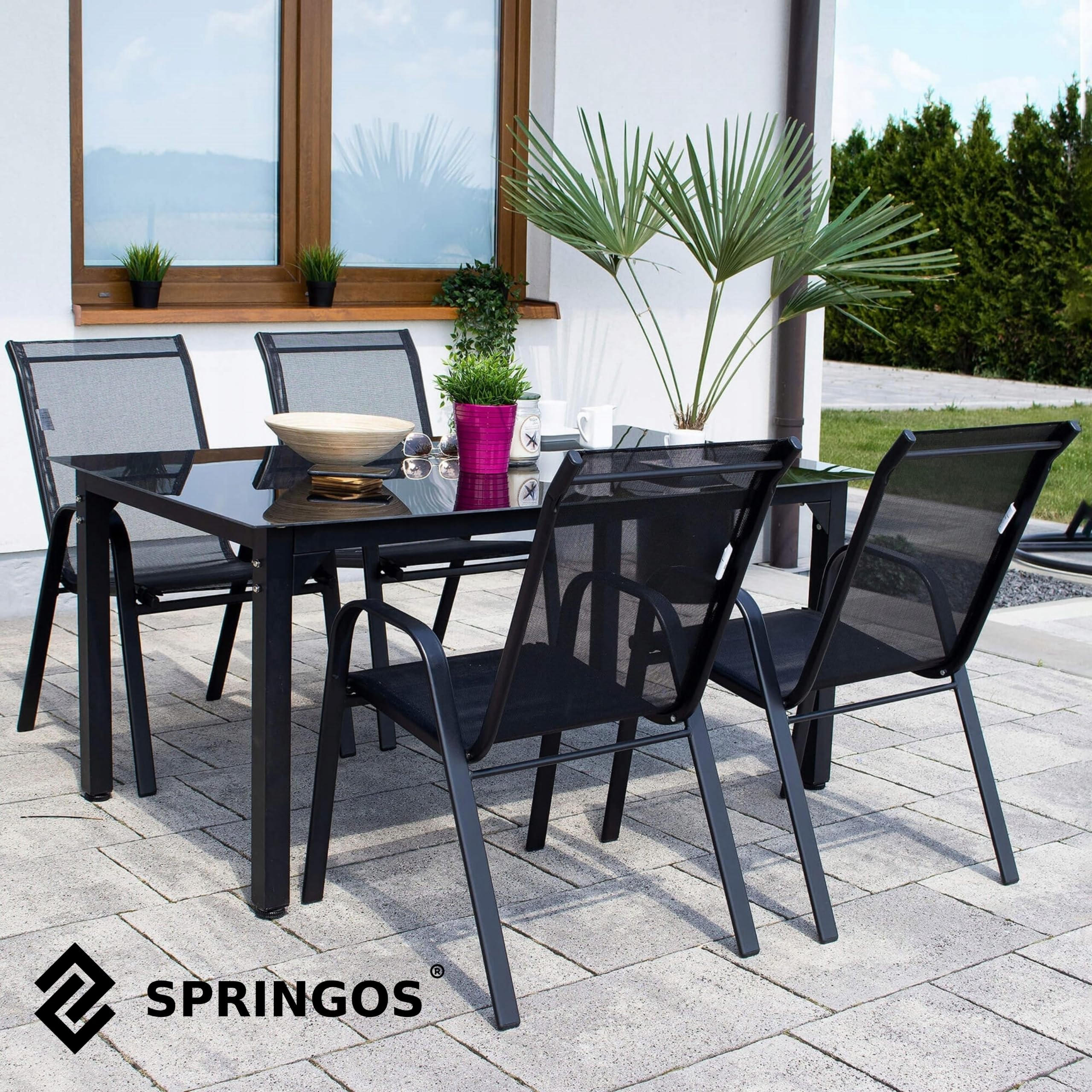 SPRINGOS Set di 4 sedie da giardino, impilabili, per esterni, terrazza, balcone, con seduta in textilene e struttura in acciaio, resistenti alle intemperie, per giardino, balcone, terrazza, campeggio