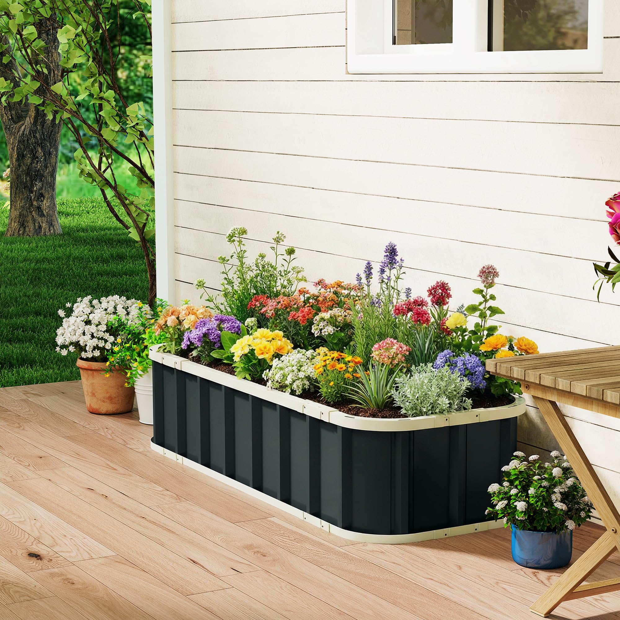 Outsunny Letto per Orto Rialzato da Esterno con Fondo Aperto, Guanti, Bordi Piegati, Fioriera da Esterno in Acciaio Zincato, per Piante, Fiori, Verdure Balcone Giardino, 136x52x31 cm, Grigio Scuro