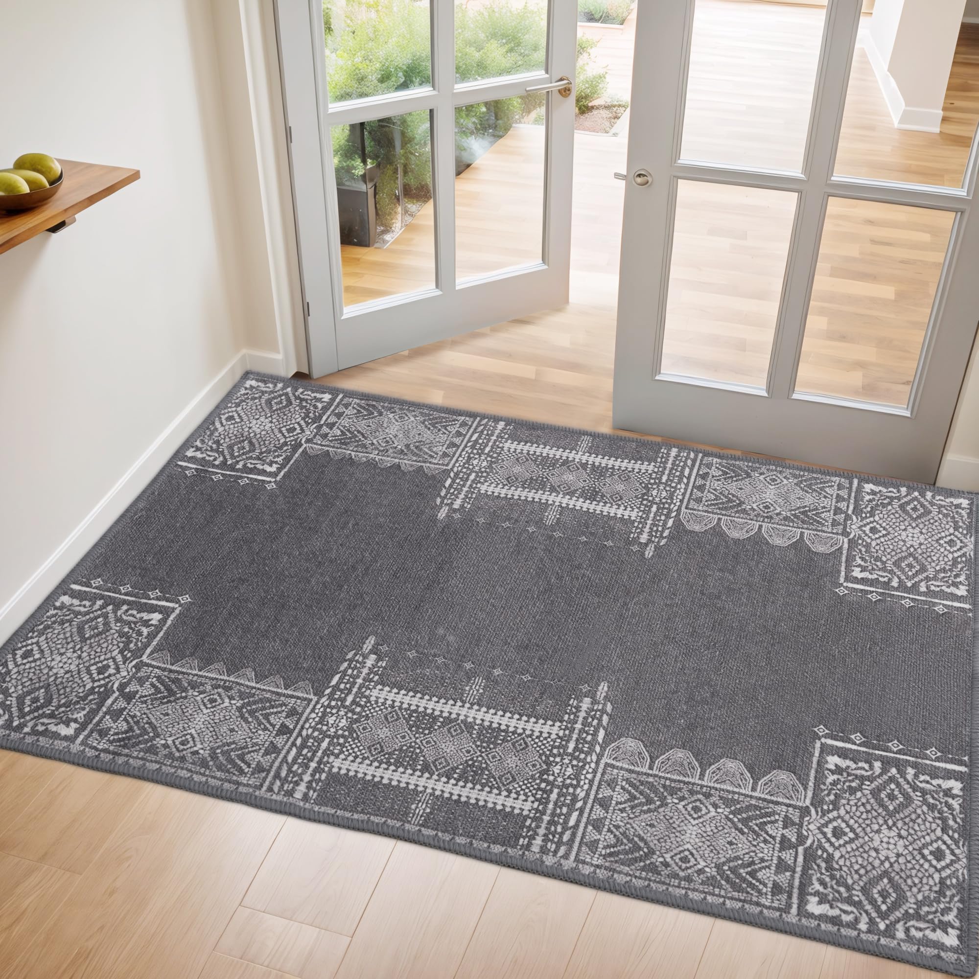 NICETOWN 2x3 Grey Small Area Rugs for Entryway Washable Nonslip Area Rug - Boho Geometric Entryway Door Mat for Living Room Kitchen Laundry Bathroom
