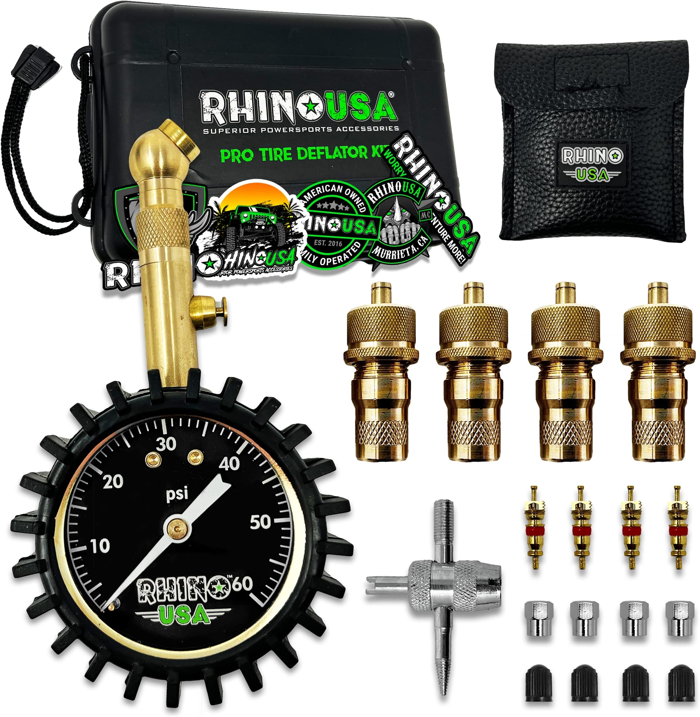Rhino USA Rapid Tire Deflator with Gauge (0-60 PSI) - Offroad Air Down | Automatic & Adjustable Air Down Tool. Large 2in Glow Dial, Solid Brass Hardware. Best for Jeep, Truck, ATV or UTV.