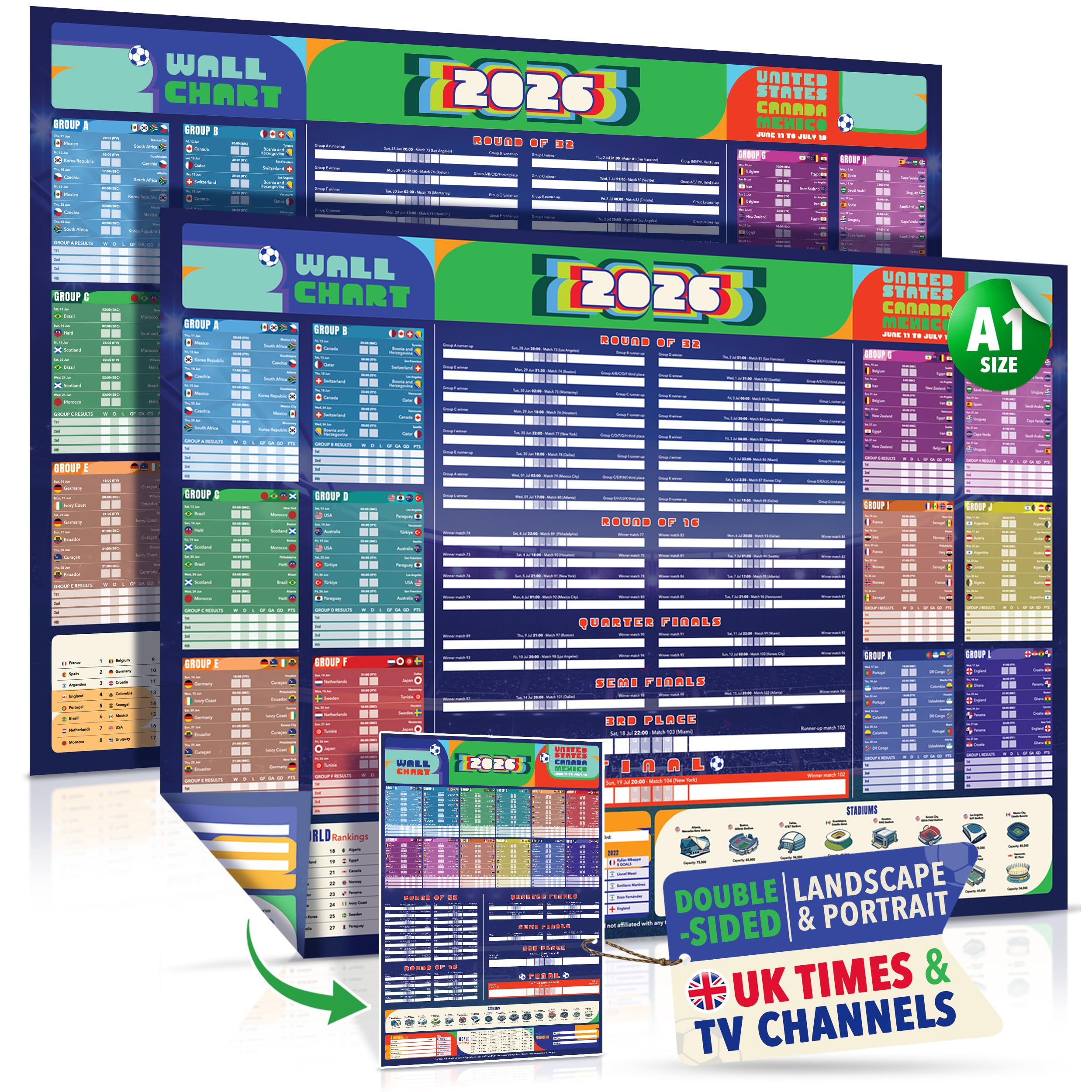 Premium World Cup Wall Chart 2026 - XL A1 World Cup Football 2026 Poster, 2-in-1 Double-sided: For Wall or Door - All games, UK Kick-off Times, UK TV Channels, Stadiums - (2-pack, 33 x 23 in, folded)