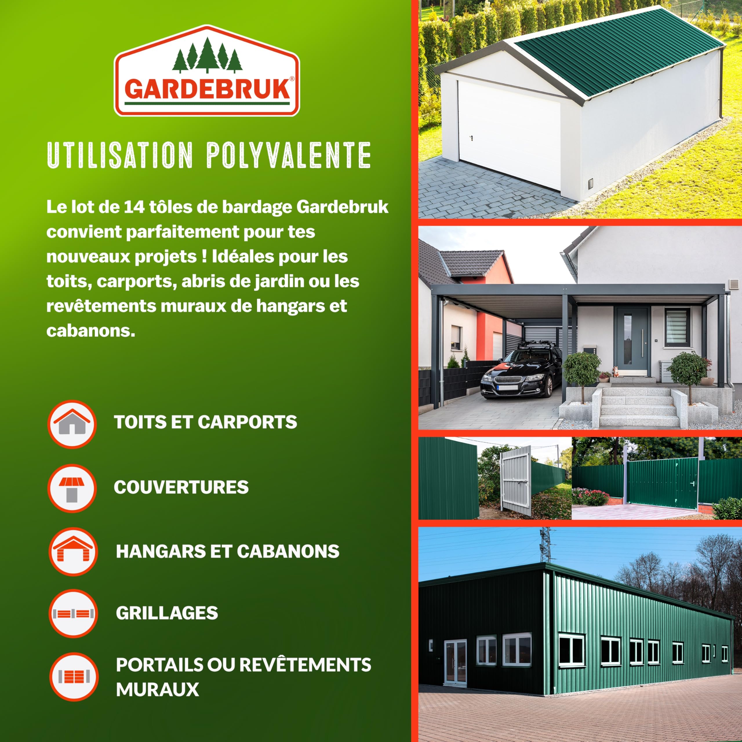 GARDEBRUK® 14x Tôles de bardage 110x46cm = 7m² galvanisé résistant intempéries tôle ondulée trapézoïdale profilée toit mur abri de jardin vert