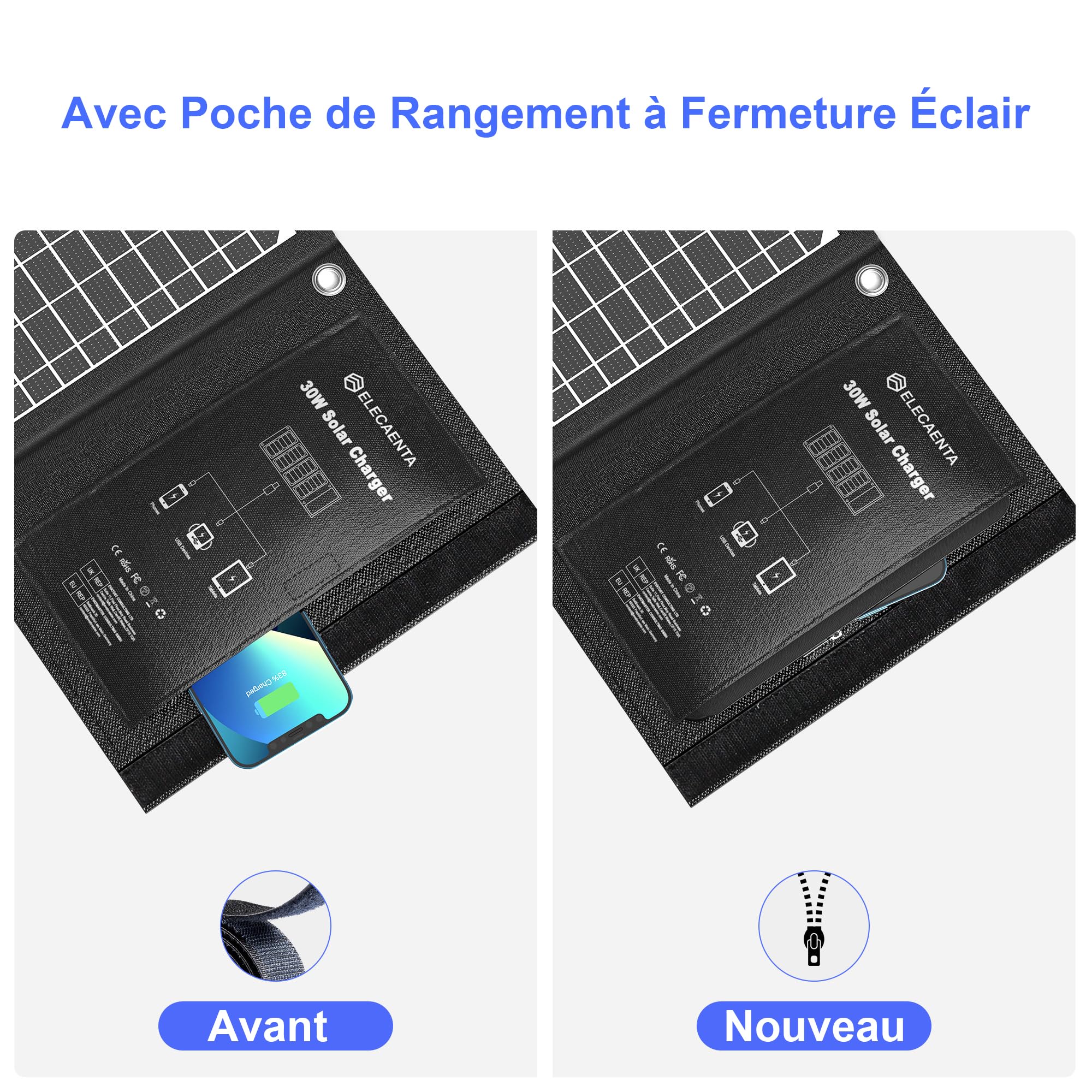 ELECAENTA 30W Chargeur Solaire Randonnée avec 3 USB QC 3.0 Type C PD18W Portable Panneau Solaire Pliable IPX5 Étanche pour Smartphone Tablette Powerbank Caméra Sport Camping Voyage Survie
