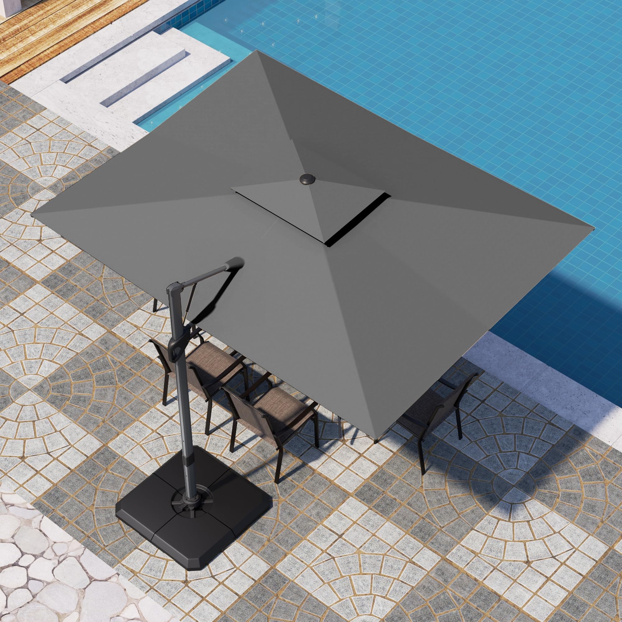 PHI VILLA Cantilever Patio Umbrella with Base, 9' X 12' Outdoor Large Rectangluar Umbrellas with 360°Rotation, Heavy Duty Hydraulic Double Umbrella Windproof for Outside, Deck, Garden, Porch, Grey