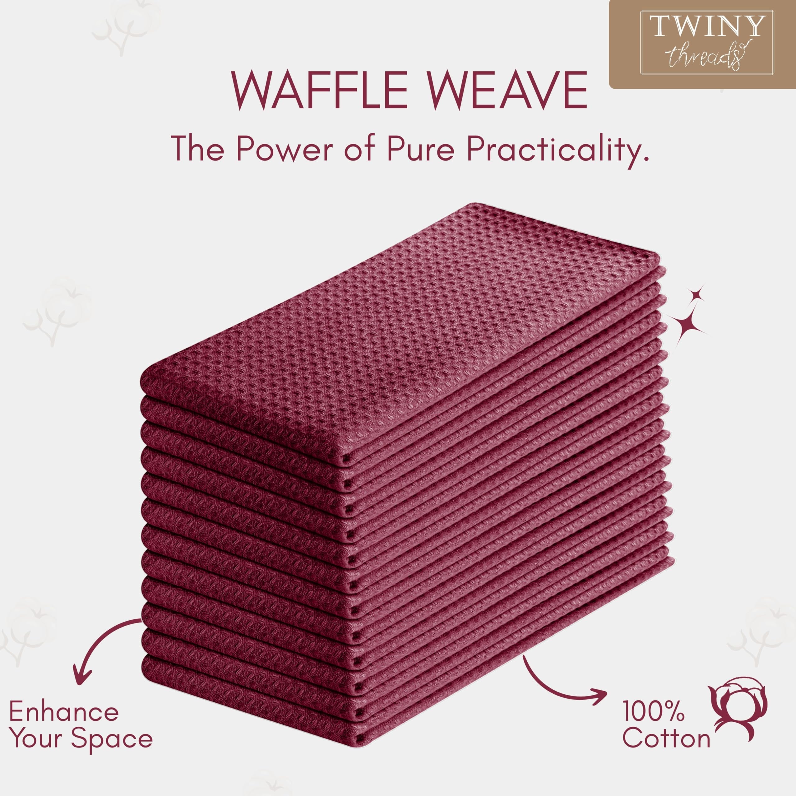 TWINY threads Juego de 6 toallas de cocina 100% algodón macizas con lazo para colgar (16 x 26 pulgadas), paño de tejido de gofre Dobby ultra absorbente, reutilizables, lavables a máquina, vino burdeos