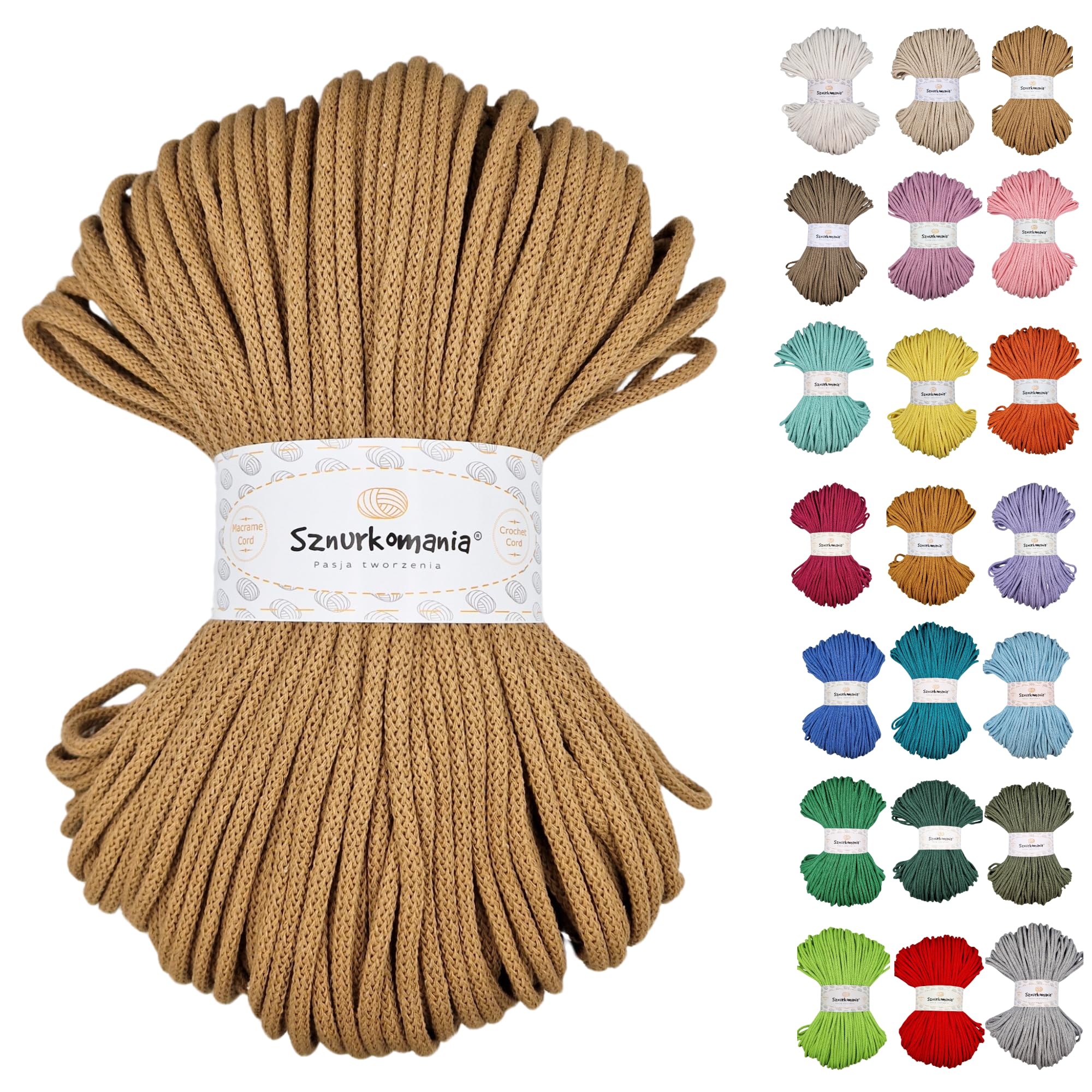 Sznurkomania Cappuccino Braided Cotton Cord 5Mm 100M, 46 Colors, Crochet Cord, Macrame Cord, Macrame Yarn, Premium Yarn, Macrame Rope, (Cappuccino)