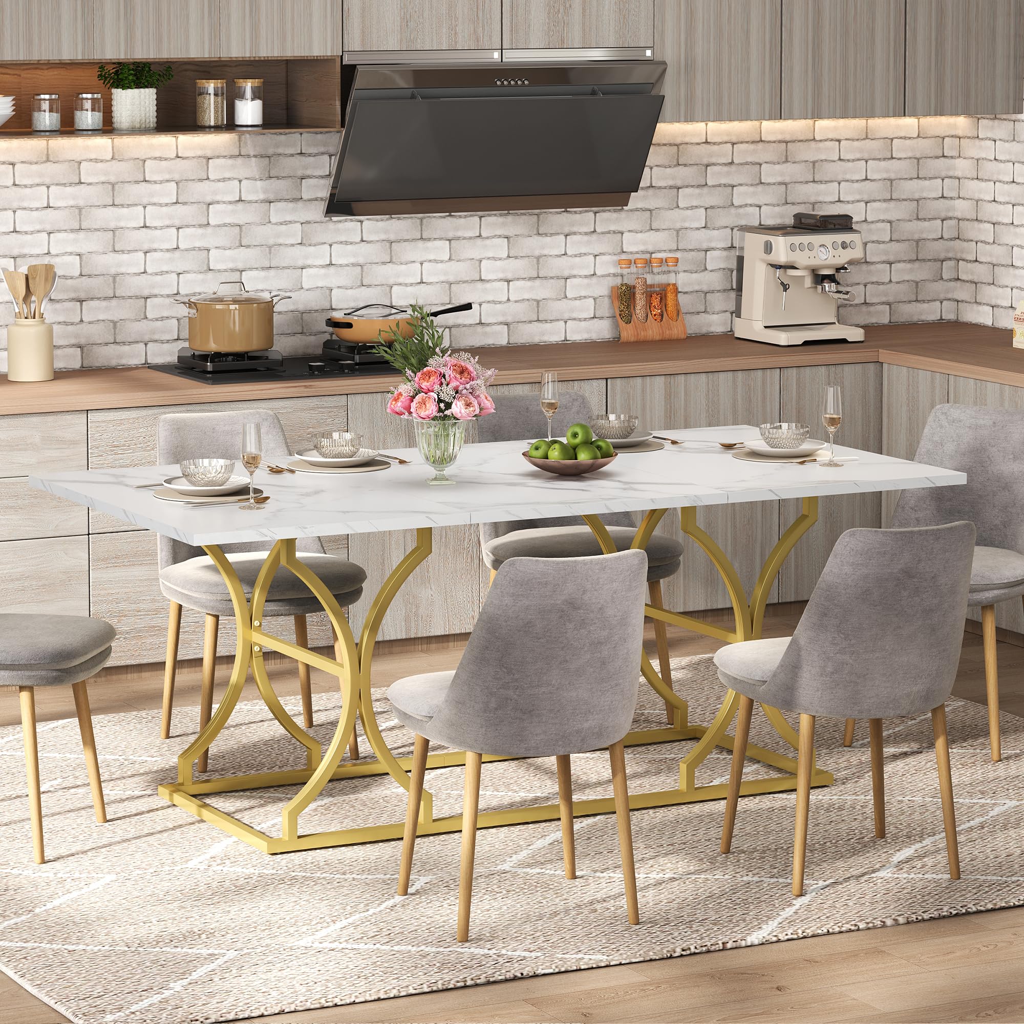 MURUL Tavolo da pranzo 200 x 80 x 76 cm, bianco/oro, effetto marmo, per 8-10 persone, spessore 2,5 cm, resistente all'acqua e ai graffi, gambe in metallo dorato con scorrevoli regolabili per soggiorno