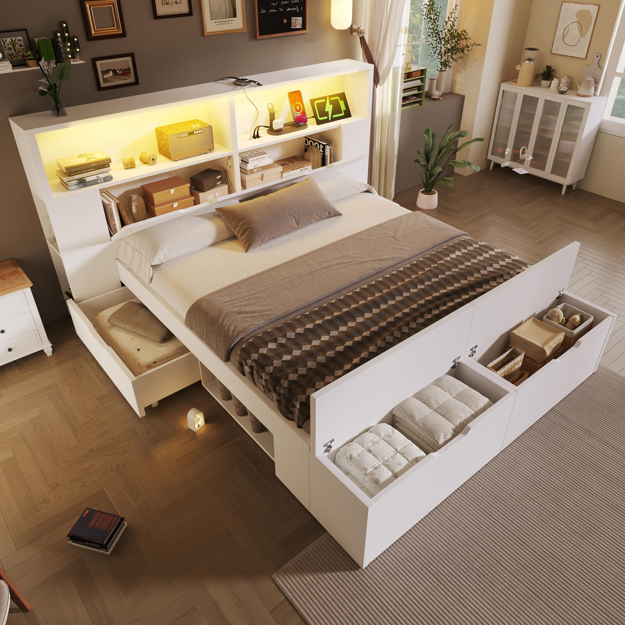 Zepneiy Lit Enfant 140x200 avec LED et USB, Lit Double 140x200 avec Tabouret Queue et tiroirs, avec étagères et sommier à Lattes, pour Adolescent et Enfant, Cadre de en Bois Blanc(sans Matelas)