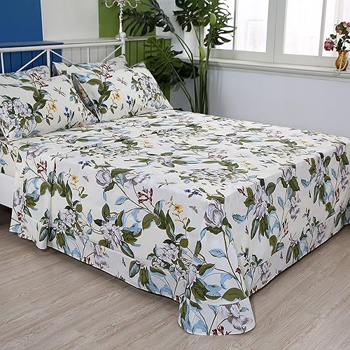 Miniatura 8 de FADFAY Sábanas florales Shabby tamaño King, 100% algodón, 600 hilos, flores blancas y hojas verdes, ropa de cama vintage con estampado botánico de