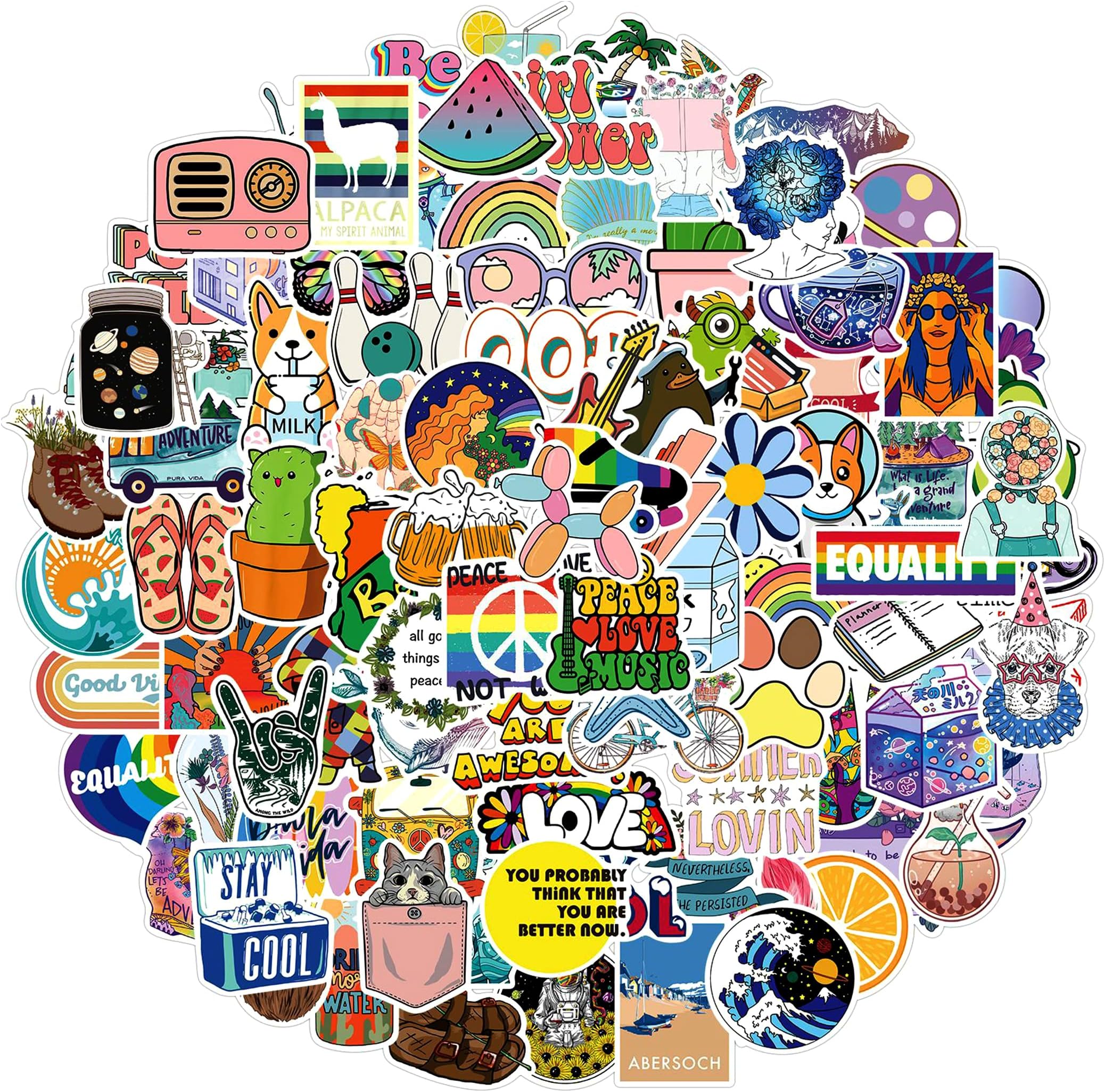 Waterproof Vinyl Sticker Pack for Water Bottle or Hydro Flask 100 Stickers and Decals for Skateboard Laptop and Car Stickers for Adults Teens Girls and Kids (Style Three)