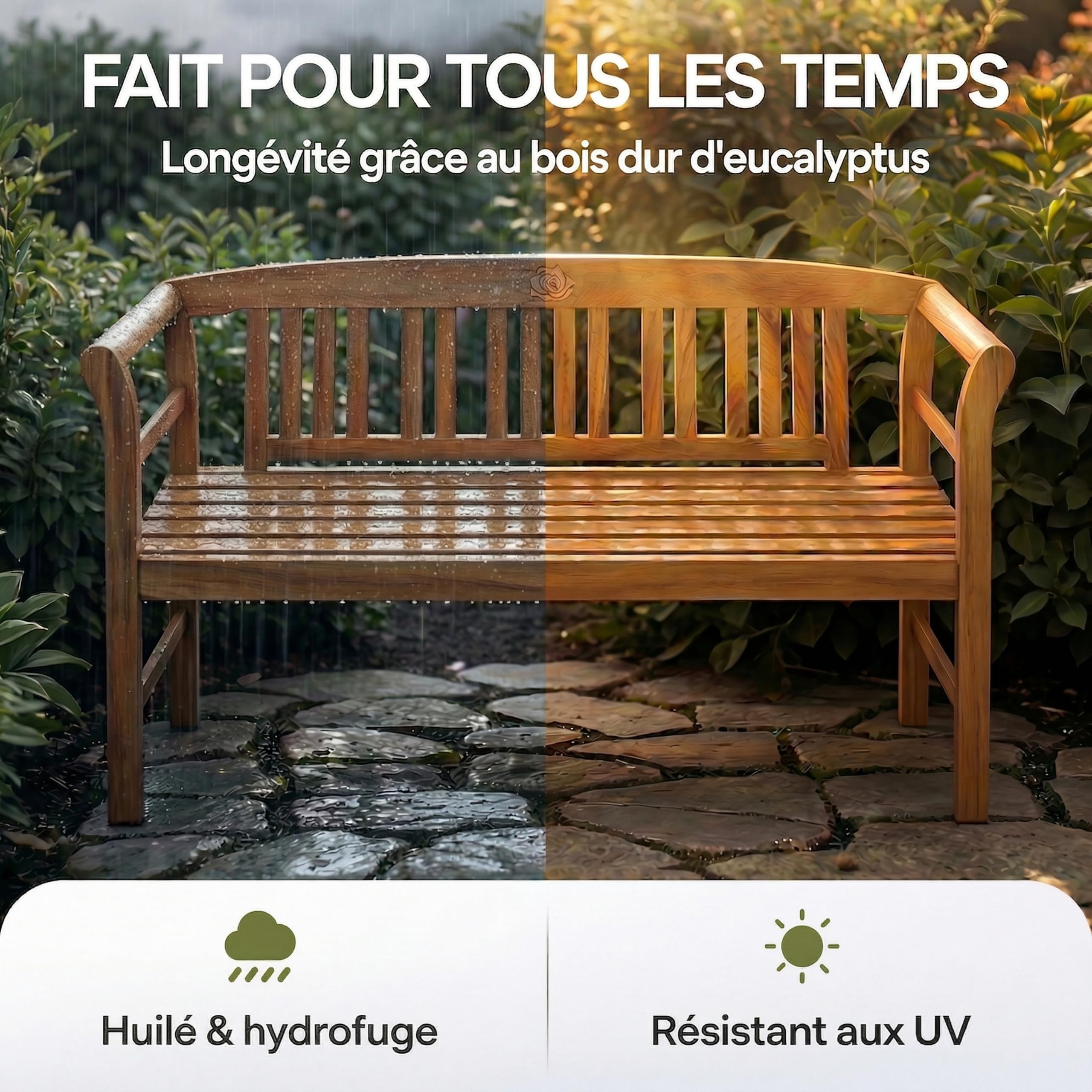 Casaria Banc de Jardin en Bois d'Eucalyptus Certifié FSC - Gravure de Rose