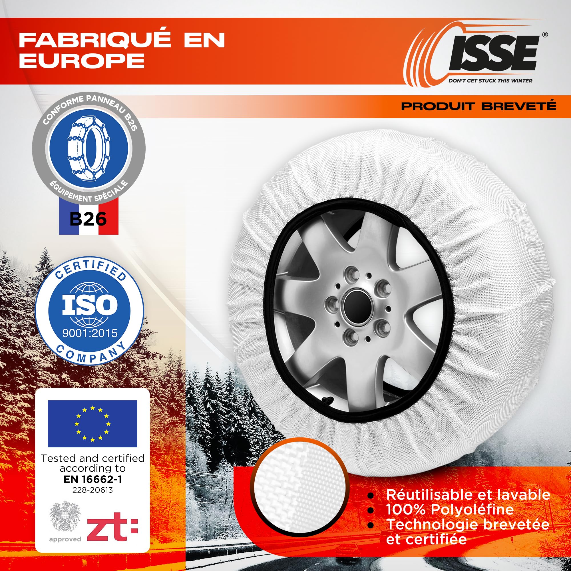 ISSE Jeu de 2 chaînes à neige en textile pour voiture ISSE Super Taille 66
