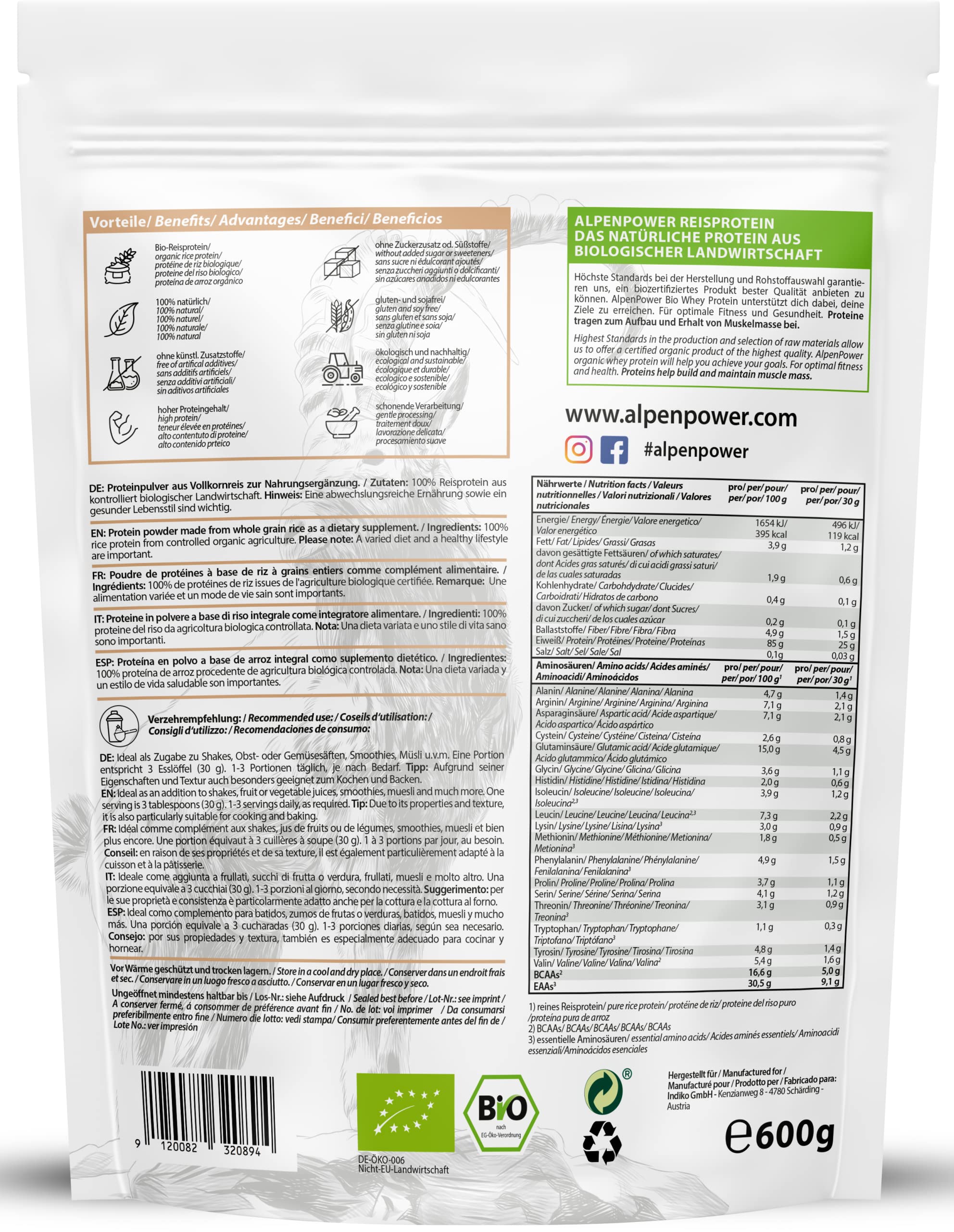 AlpenPower BIO REISPROTEIN 600 g - 100% reines Reisprotein-Isolat ohne Zusatzstoffe - Hochwertiges veganes Eiweiß-Pulver mit 85% Protein -Vielseitig anwendbar