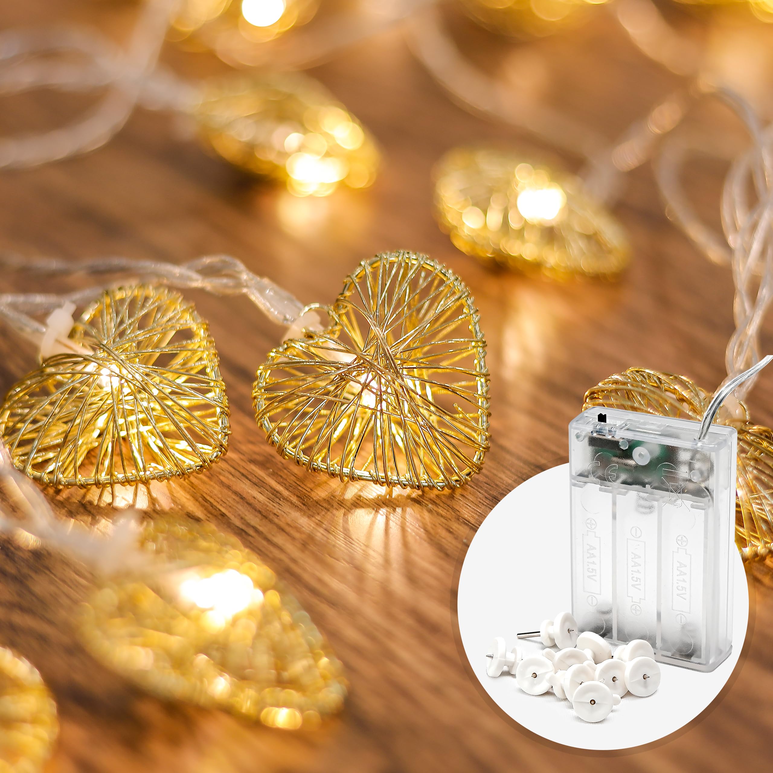 CozyHome Herz Lichterkette mit Batterie & Timer – 5m 20 LED Warmweiss I Gold Herzen Deko I LED Lichterkette mit Batterie I Verlobung Hochzeit Tisch I Goldene Lichtetterkette Lichter Ketten mit Strom