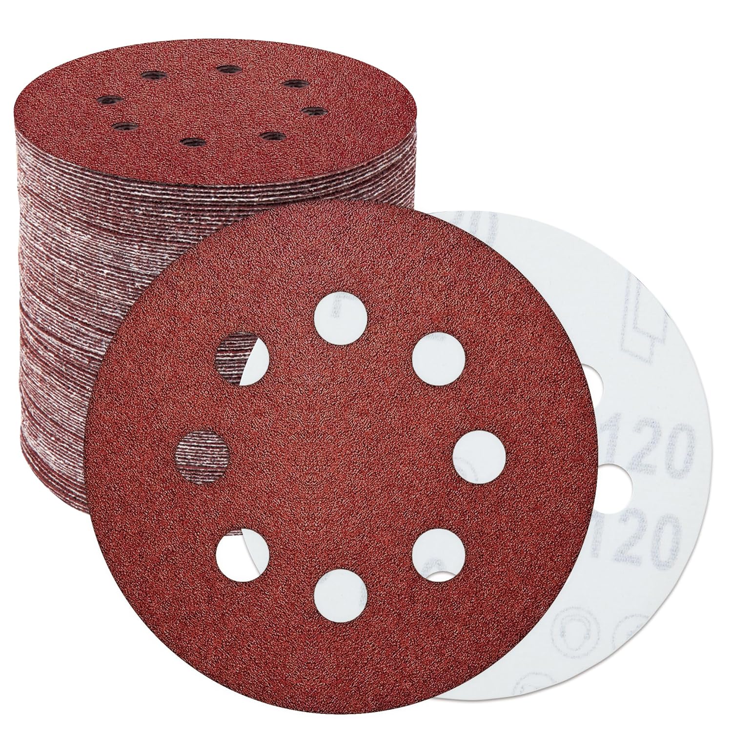 50 PCS 120 Grit Sanding Discs Hook and Loop, 5 Inch 8 Hole Orbital Sander Pads, Sandpaper for Wood, Dustless Round Sanding Discs