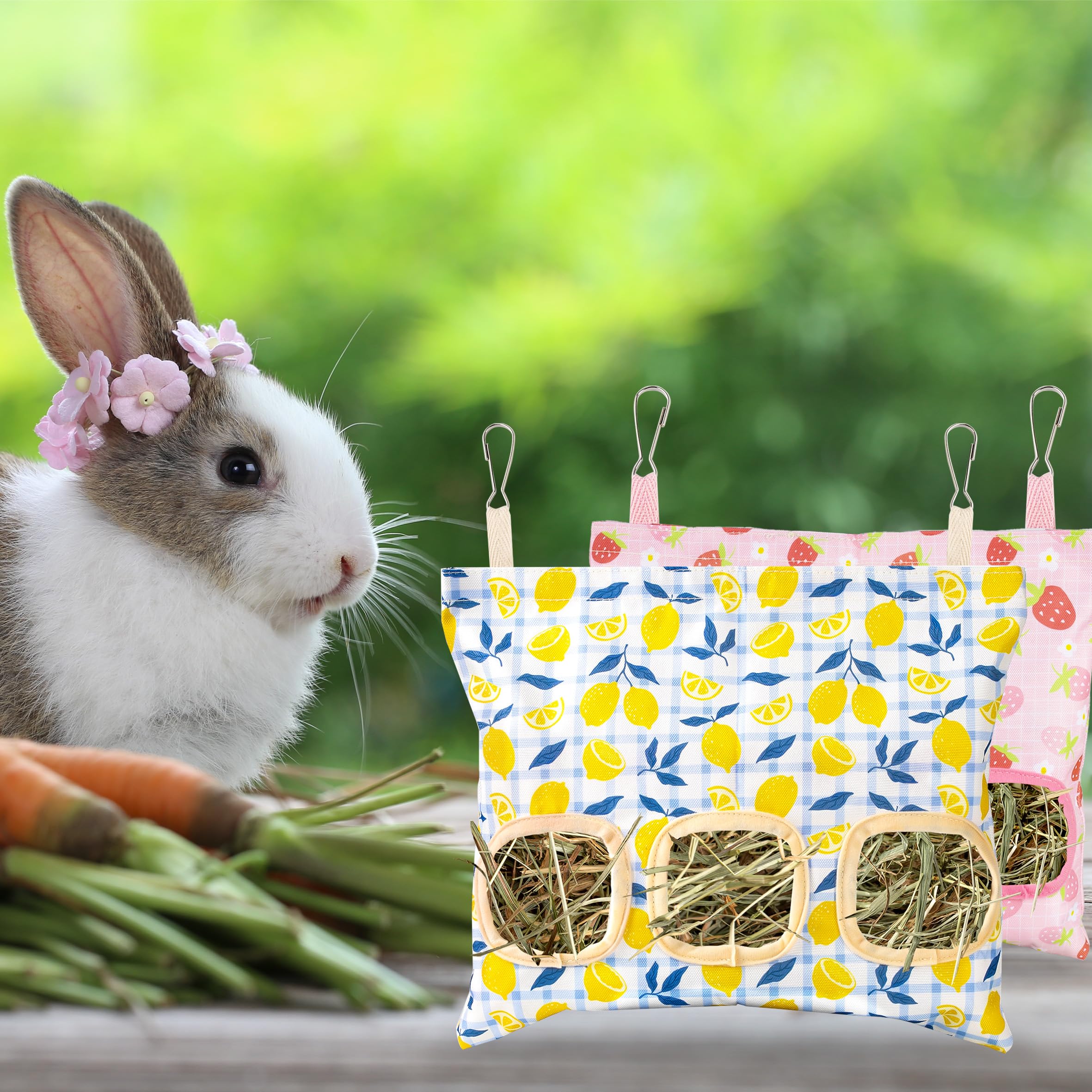Lesnala 2pcs Bunny hay feeder Rabbit hay feeder bag Hanging guinea pig hay bag Large capacity cotton canvas fabric hay bag for Rabbits Bunny Chinchillas Hamsters and Other Small Pets(3 Holes,2 styles) - image 4