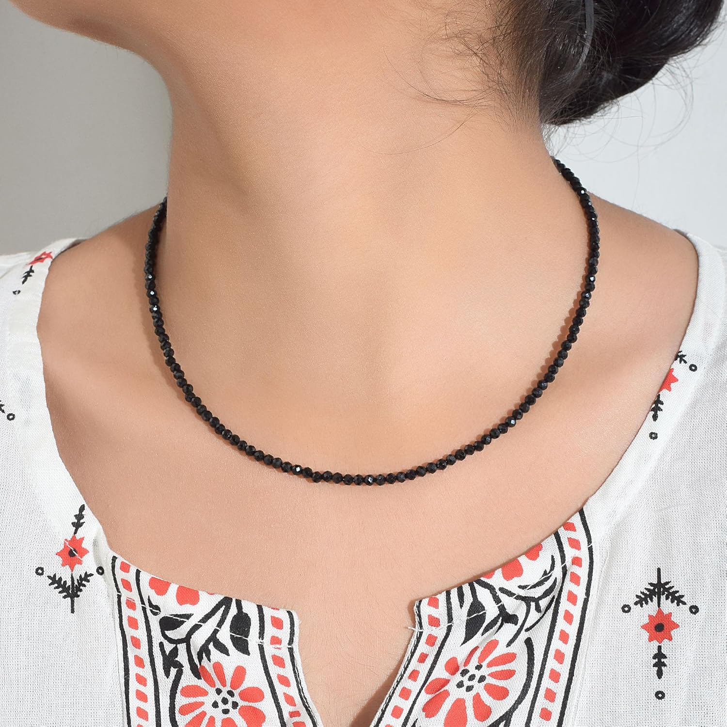 Vatslacrestion Dainty Black Spinel Beaded Choker Necklace for Women Trendy Natural Shiny 2.5 mm Black Spinal Crystal Stone Necklace Sterling Silver Chain Adjustable - Image 3