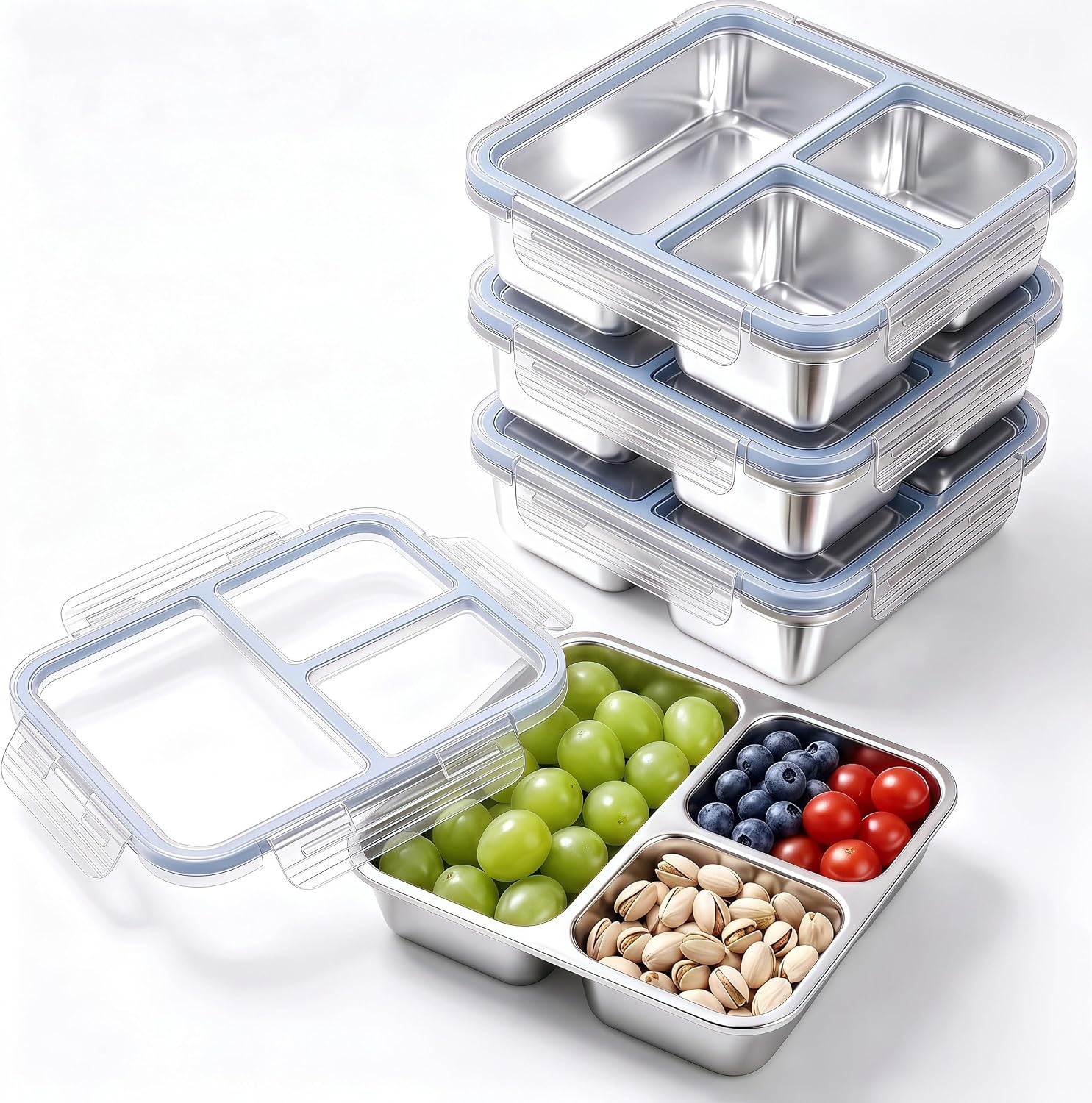 Stainless Steel Snack Containers, 3-Compartment Bento Boxes with Lids