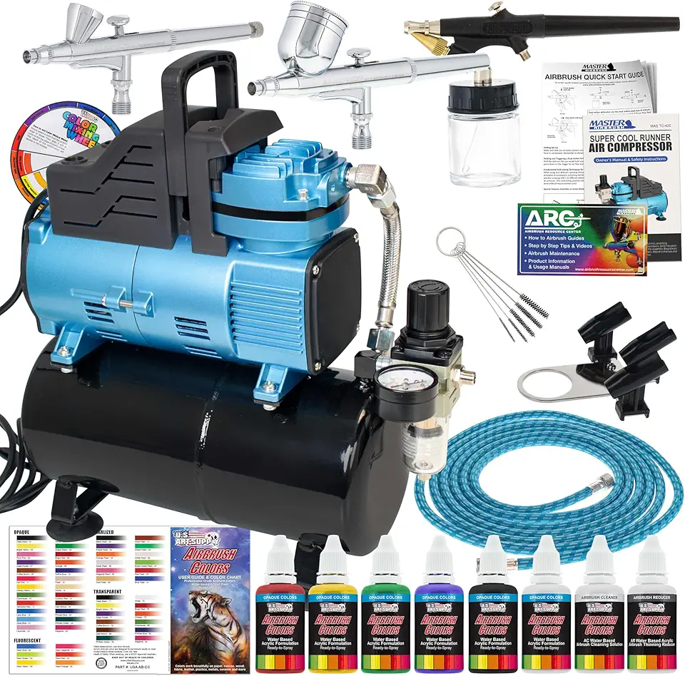 Master Airbrush Compressor de ar de ventilador duplo Cool Runner com tanque de armazenamento - Kit de sistema de aerografia profissional com 3 aerógrafos gravidade e alimentação de sifão, conjunto de