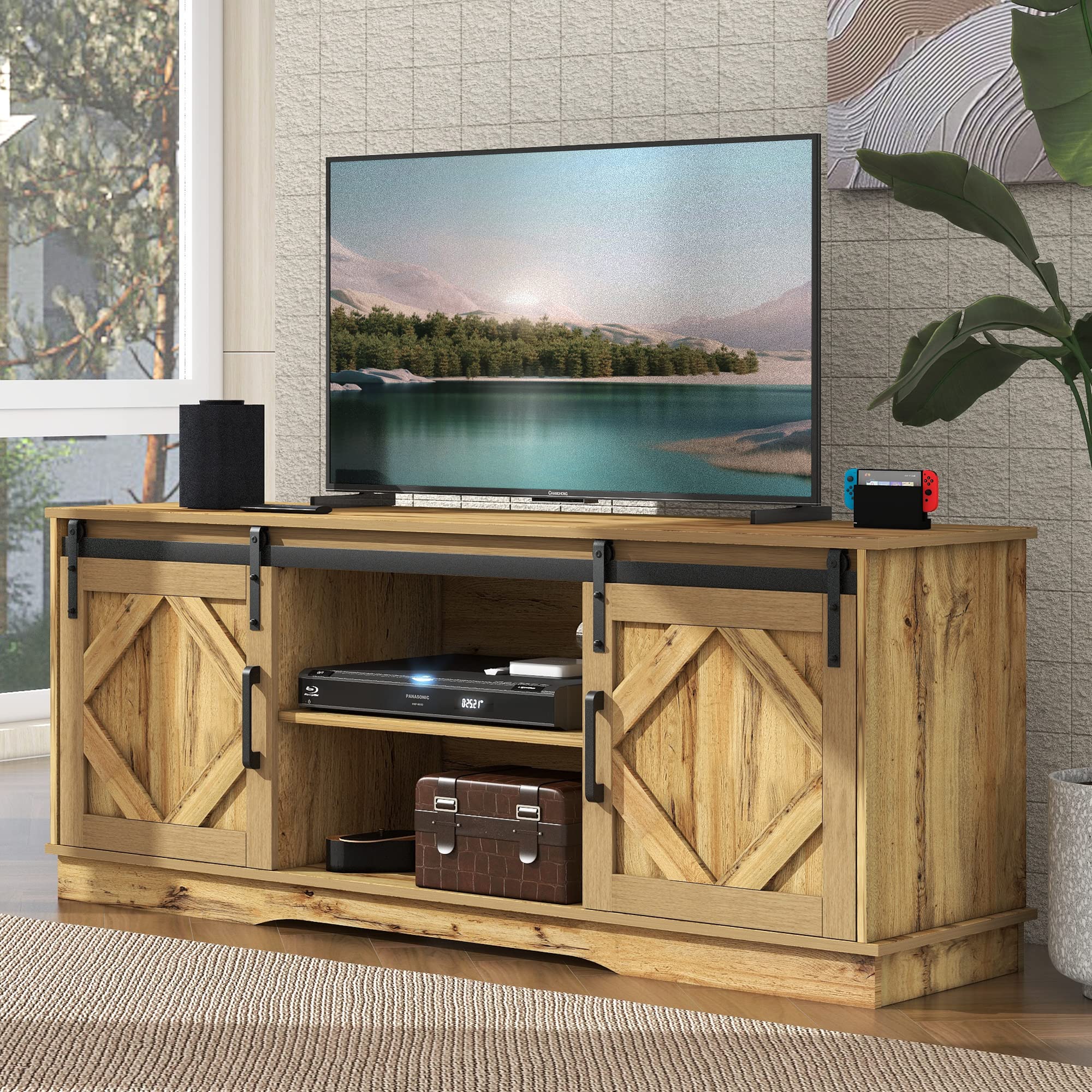 Grande mobile per TV, 150 x 40 x 60 cm, con 2 classiche ante scorrevoli, scaffali regolabili per soggiorno, sala da pranzo, casa di campagna, design moderno (marrone)
