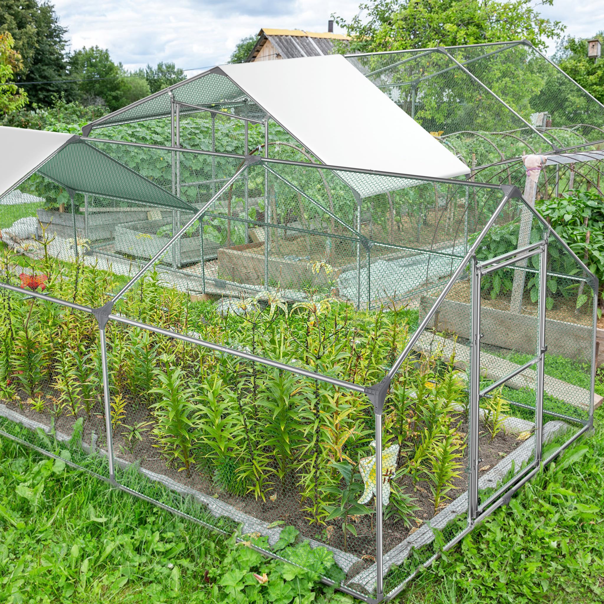 Hühnerstall Freilaufgehege 3x6x2 m mit PE-Dach, Outdoor Tiergehege für Hühner Kaninchen Kleintiere Hunde, wetterfestes Kleintiergehege