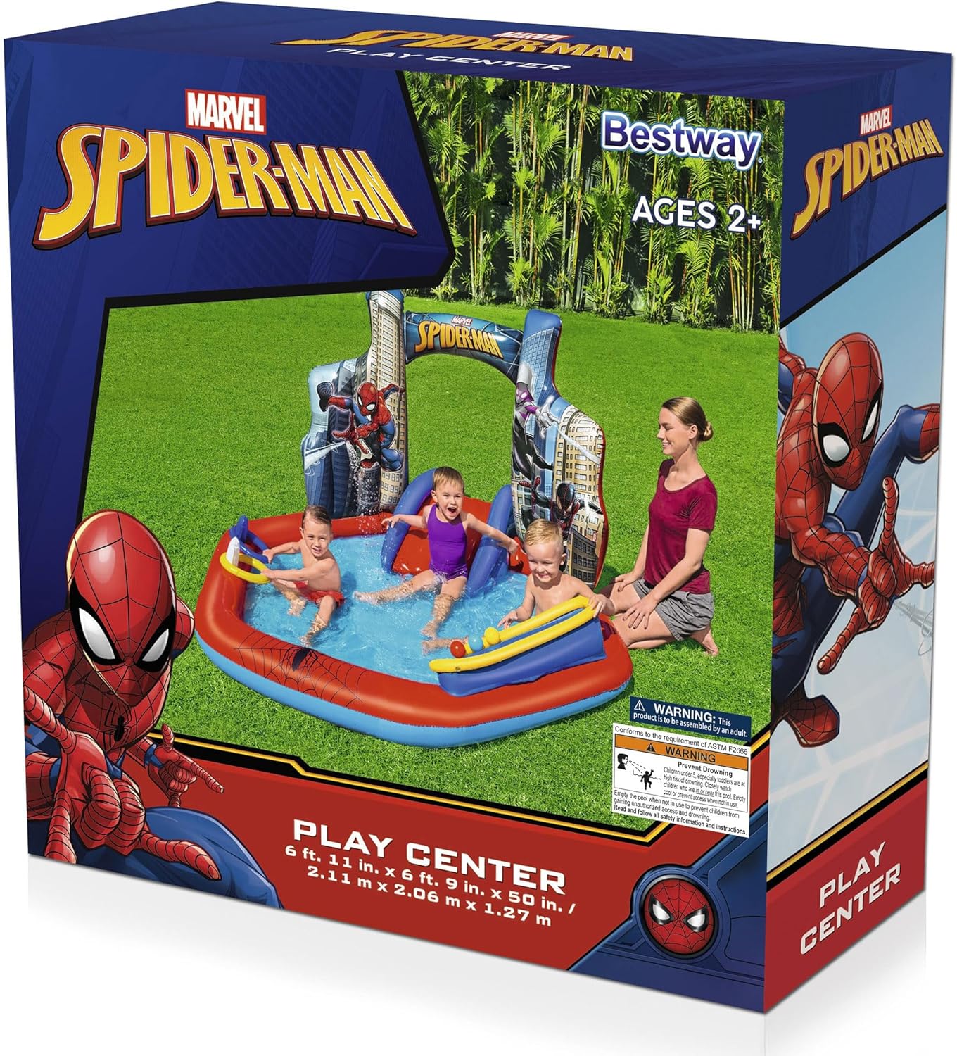 Marvel Spider-Man Inflatable Kids Backyard Water Play Center - Outdoor Sprayer Splash Kiddie Pool with Water Slide Arch, 6 Balls, Ring Toss