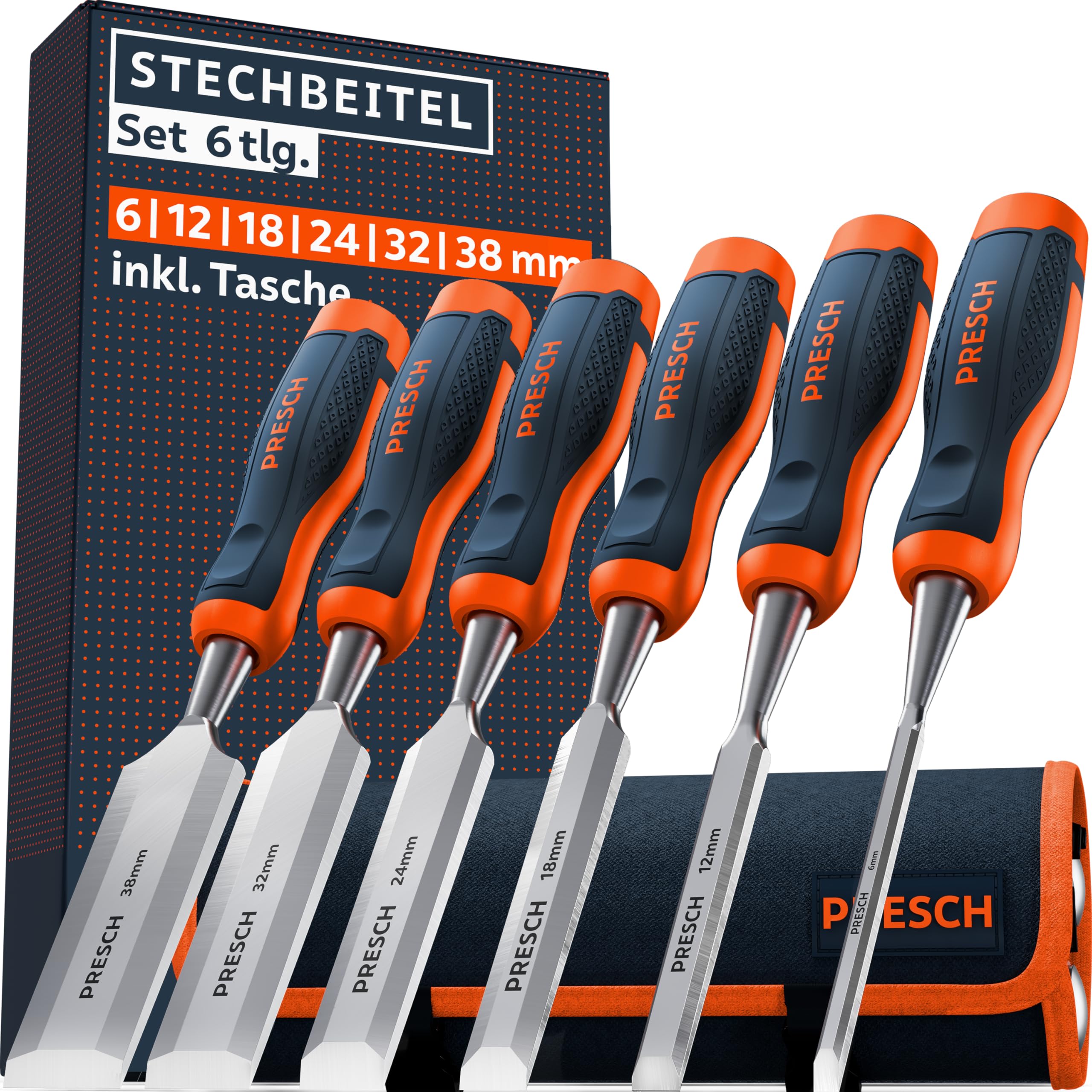 Presch Stechbeitel Set für Holz 6tlg. inkl. Tasche - Fertig geschliffene Stemmeisen (6, 12, 18, 24, 32, 38mm) - Profi Stecheisen mit 25° Keilwinkel mit robuster Metallschlagkappe