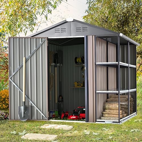 Miniatura 2 de AECOJOY Cobertizo de almacenamiento de 6 x 6 con estante, pequeño cobertizo de herramientas de almacenamiento al aire libre con estantes, cobertizo
