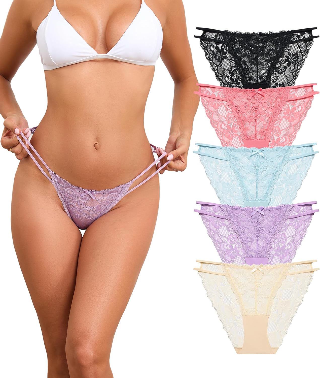 ANLIQI Sexy Lace String Underwear Women Hi Cut Bikini Panties Pack Stretch Lady Underwear Pantie Seamless Cheeky Lingerie
