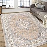 FlyDOIT Vintage Area Rugs for Living Room, 6x9 Beige Floral Medallion Washable Rug for Bedroom, Faux Wool Ultra Soft Retro Accent Rug, Non Slip Indoor Carpet for Kitchen Office Dining Room Decor