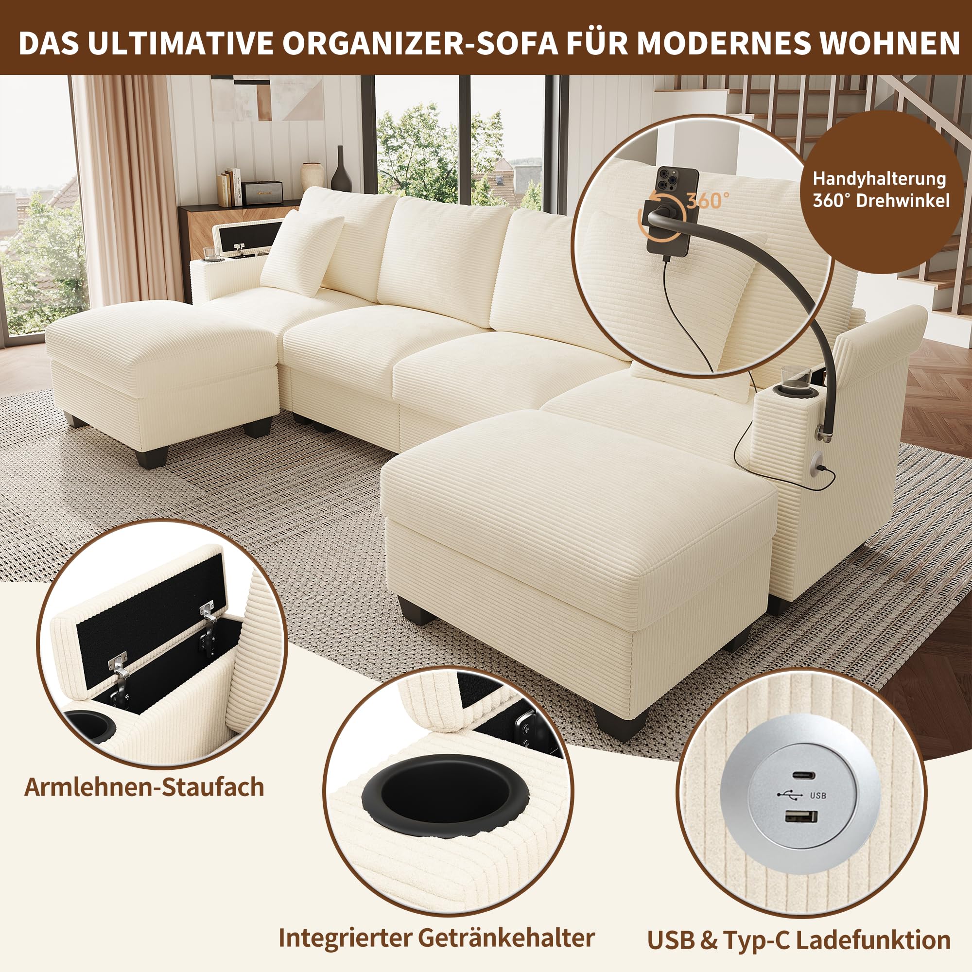 Zestaw wypoczynkowy w kształcie litery U z funkcją spania, modułowa sofa ze sztruksu, sofa narożna z uchwytem na telefon komórkowy, port ładowania USB, idealny do salonu, sypialni, beżowy
