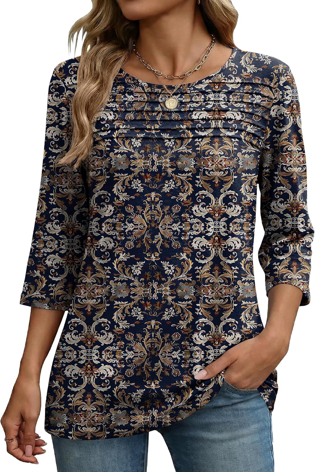 Zeagoo Womens Tops 3/4 Length Sleeve Blouses Dressy Casual Shirt Pleated Front Tunic Floral Printed Spring Clothes