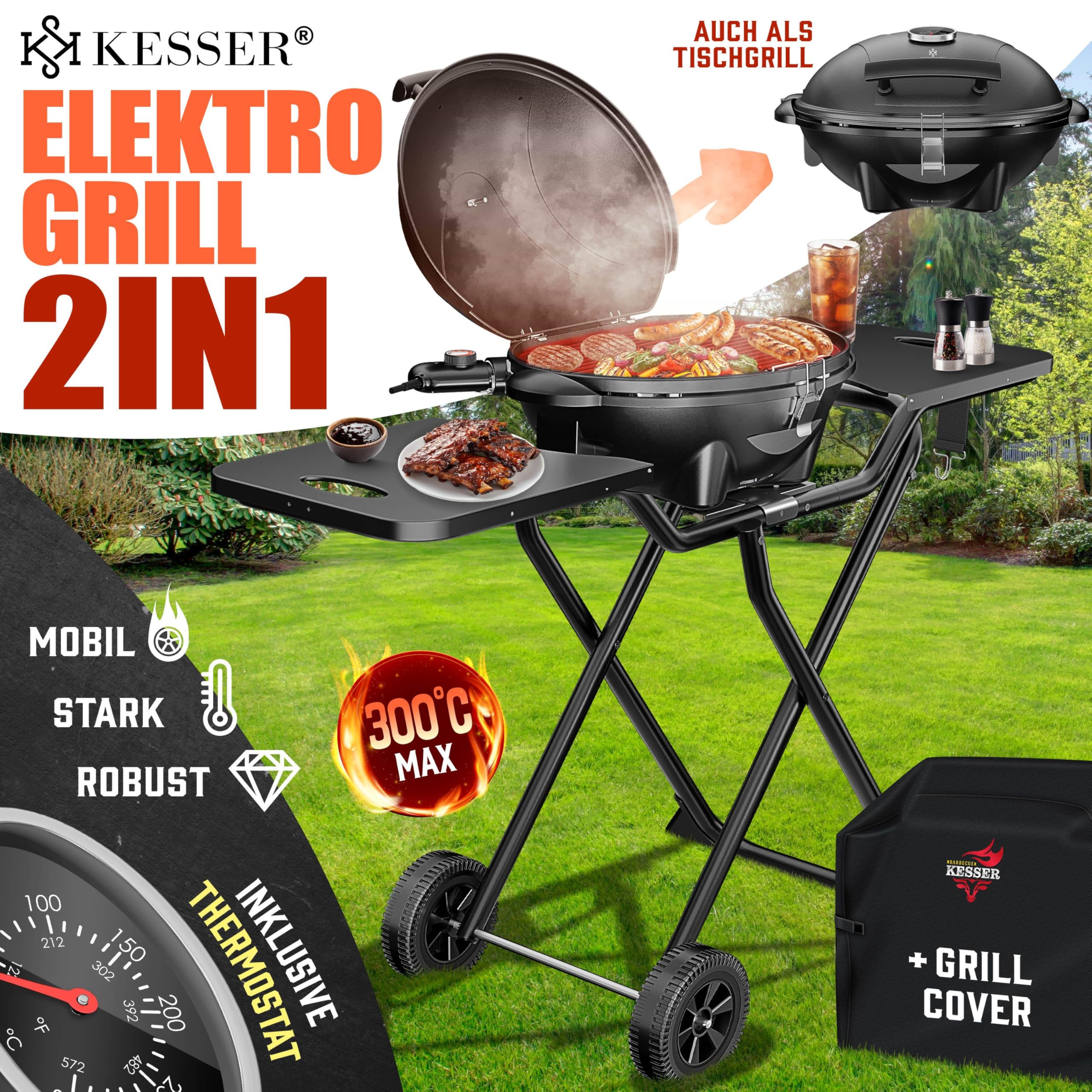 KESSER® barbecue électrique 2 en 1 de table - barbecue sur pied avec couvercle | max. 2400 Watts | Pliable | Thermostat | Revêtement antiadhésif | Plateau de grill avec tables de repos | 2 roues |