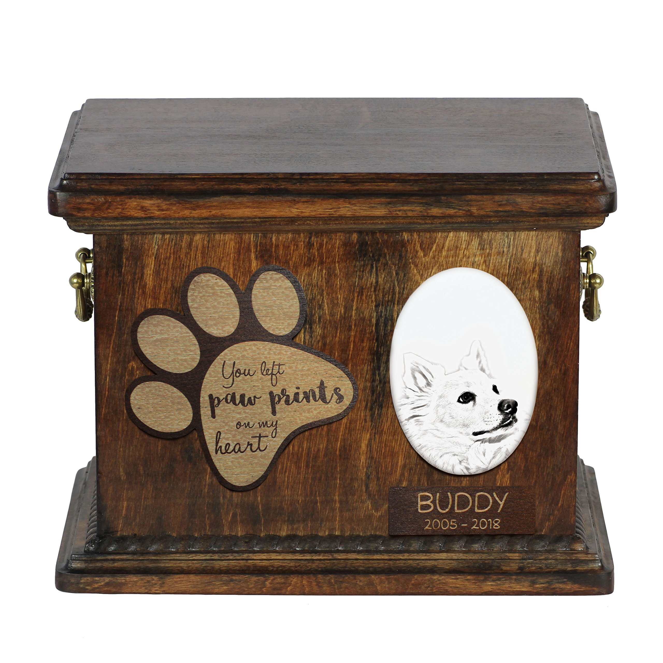Urne funéraire pour chien Esquimau américain en bronze avec plaque céramique Art-Dog