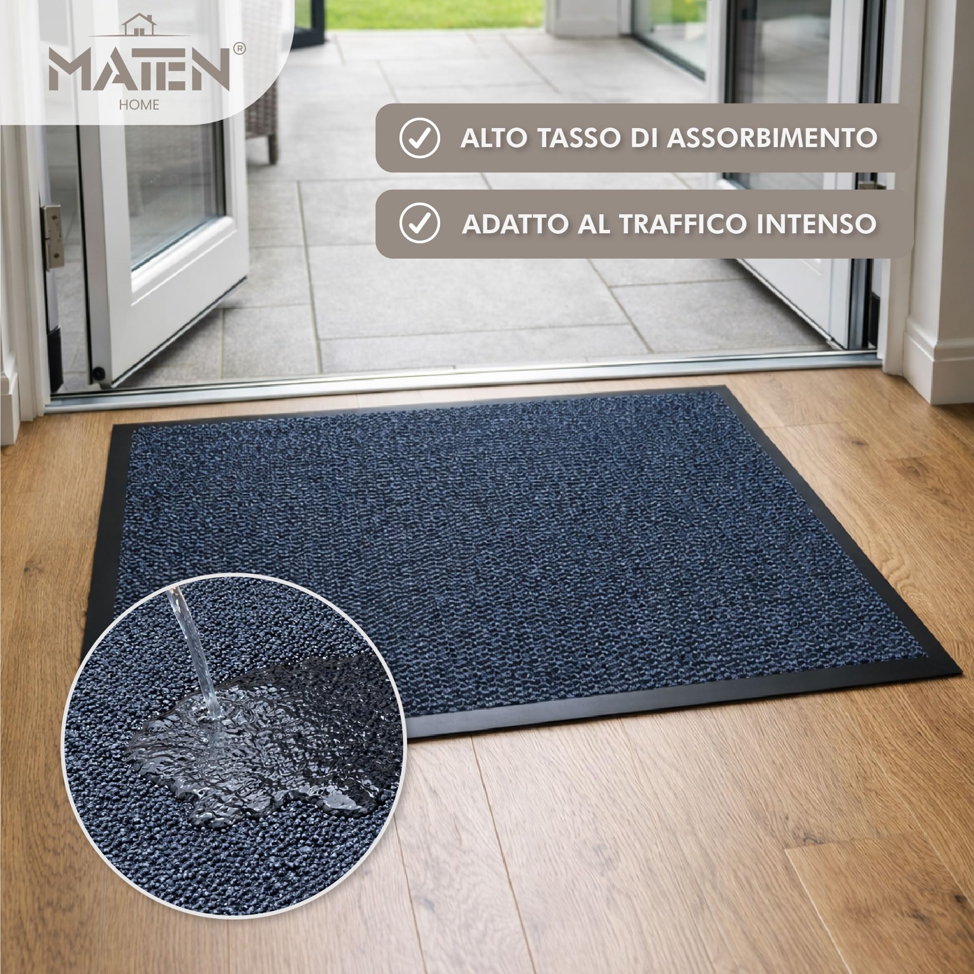 MATEN Basic Asciugapassi – Zerbino Ingresso Antiscivolo Assorbente in Tessuto assorbente e Vinile | Tappeto Antipioggia per Porta Casa, Ufficio e Condominio | 150x90 | Made in Italy