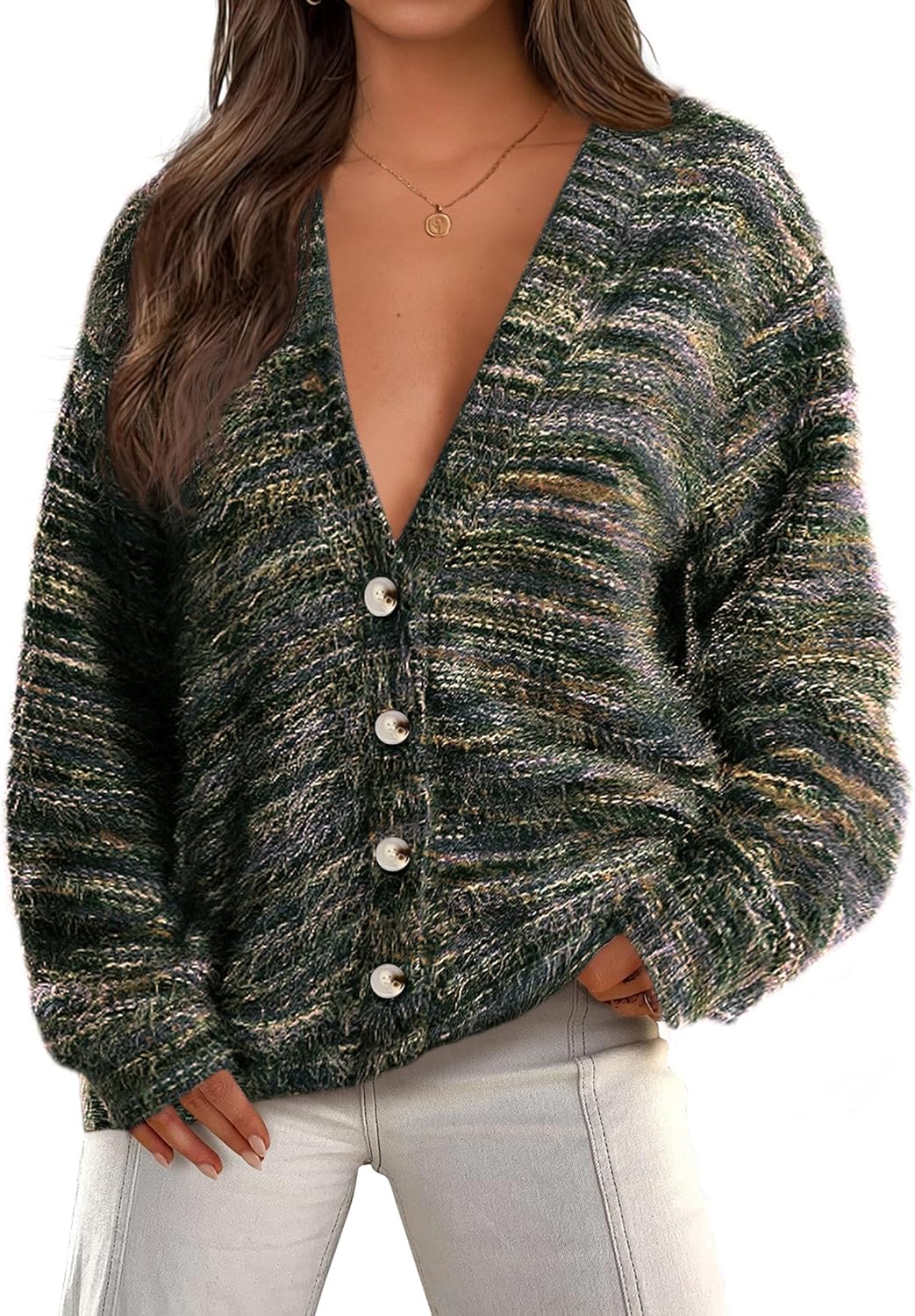 PRETTYGARDEN Womens Cardigan Sweaters Fall Fashion 2025 Striped Long Sleeve Button V Neck Knit Fuzzy Outerwear Winter Clothes