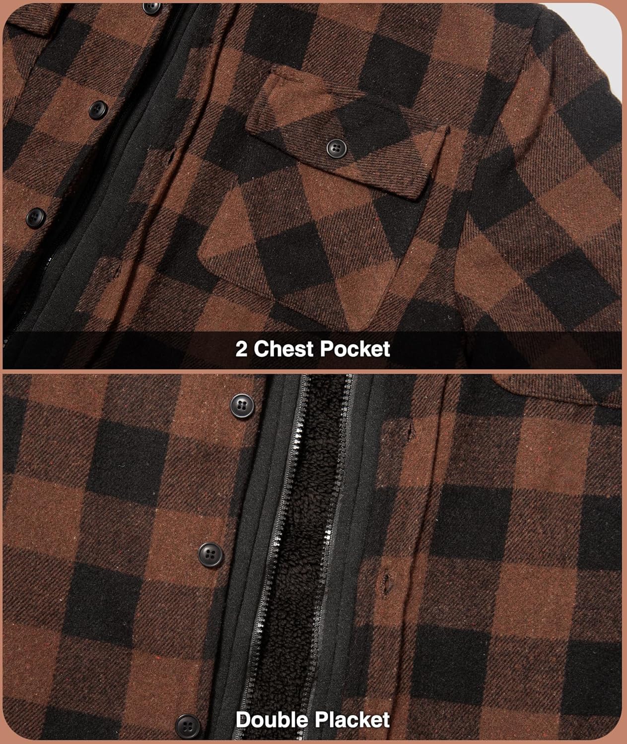 ZITY Mens Sherpa Flannel Shirt Jacket Plaid Fleece Lined Hoodie Full Zip Long Sleeve Winter Warm Coat for Men - Image 6