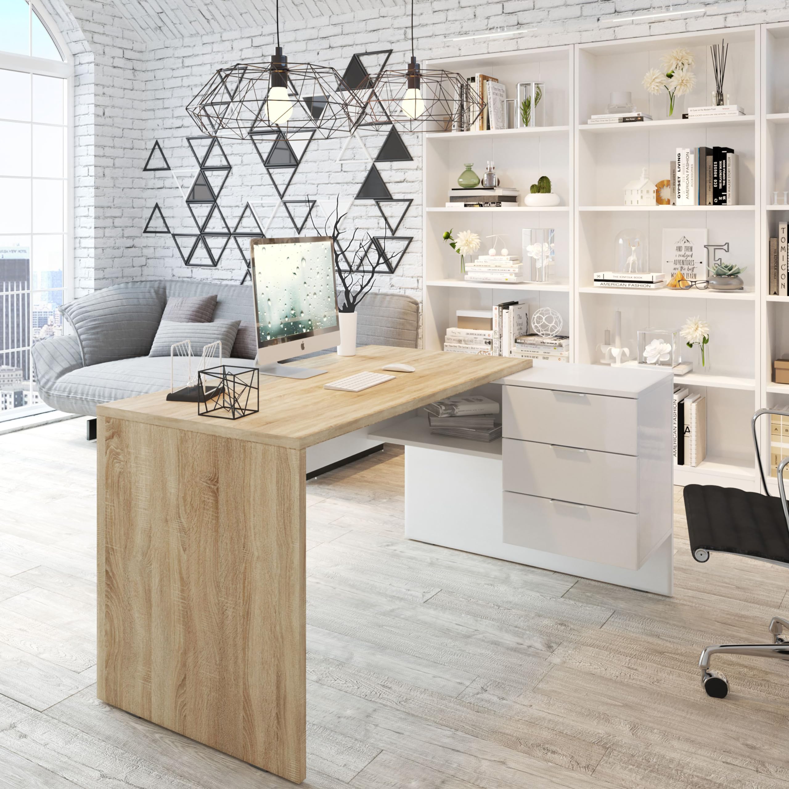 Habitdesign Mesa de Escritorio Reversible con Cajonera, Modelo Office BUC, Mesa de Oficina o Despacho, Modelo Office, Acabado Blanco Artik y Roble Canadian, Medidas: 145x102x73 cm