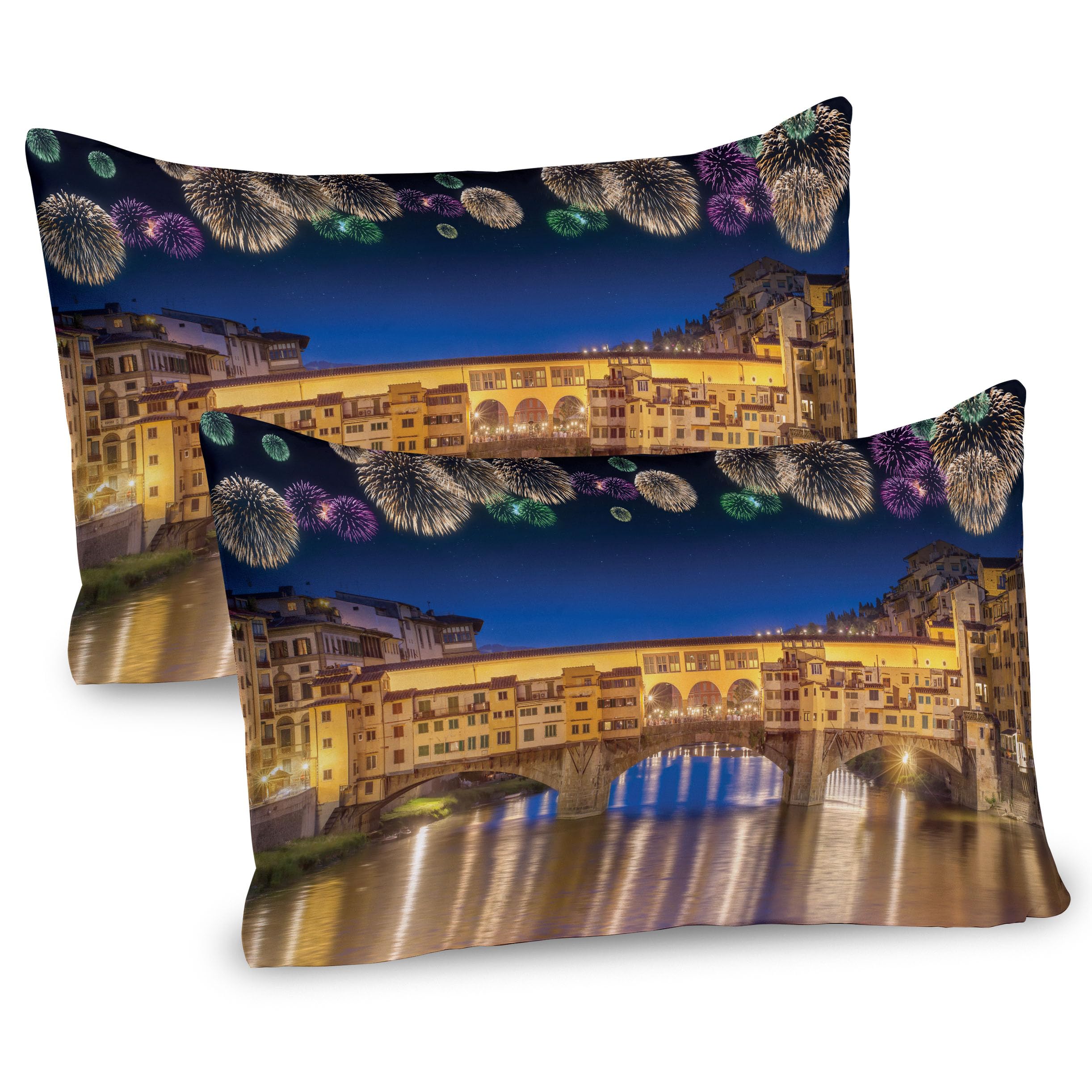 Ambesonne Landscape Pillow Sham Set of 2, Night Panoramic View Vecchio Bridge Florence Italy Colorful Fireworks, Quality Microfiber Bedding Item for All Seasons, 26