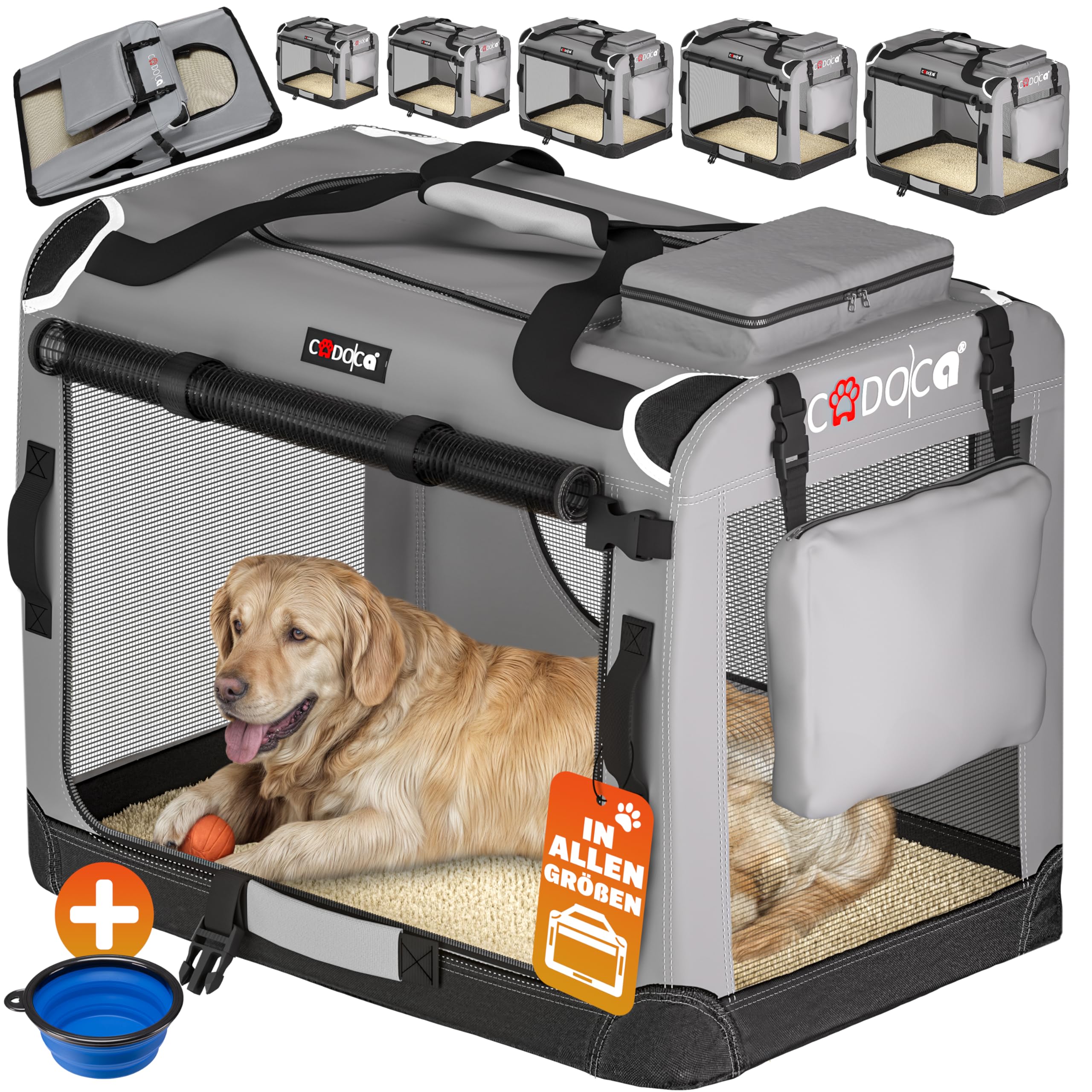 CADOCA® Hundebox faltbar Transportbox XXXL 101x70x70cm robust atmungsaktiv Transporttasche Auto Rückbank Haustiertransportbox Hundetragetasche Grau