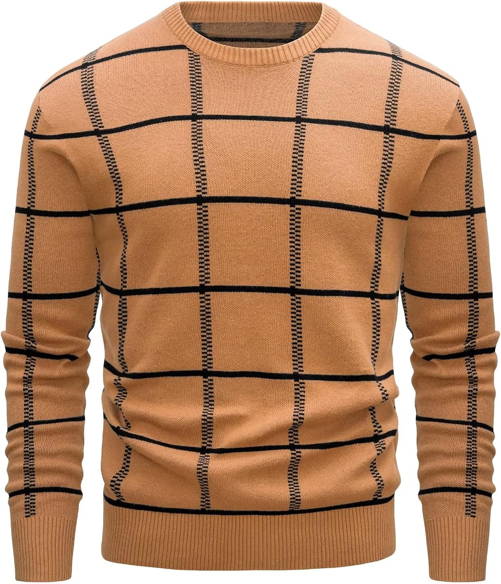 Men's Crewneck Sweaters Cotton Plaid Lightweight Casual Pullovers