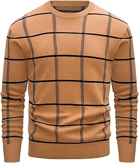 Men's Crewneck Sweaters Cotton Lightweight Plaid Pullover Sweater Warm Casual Fall Winter Sweatshirts