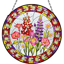 Birth Month Flowers Glass Suncatchers,Plant Wildflower Stained Glass Window Hangings,Meaningful Mothers Day or Birthday Gift for Mom,Grandma Nature Lover(Red, 6.7x6.7 in)