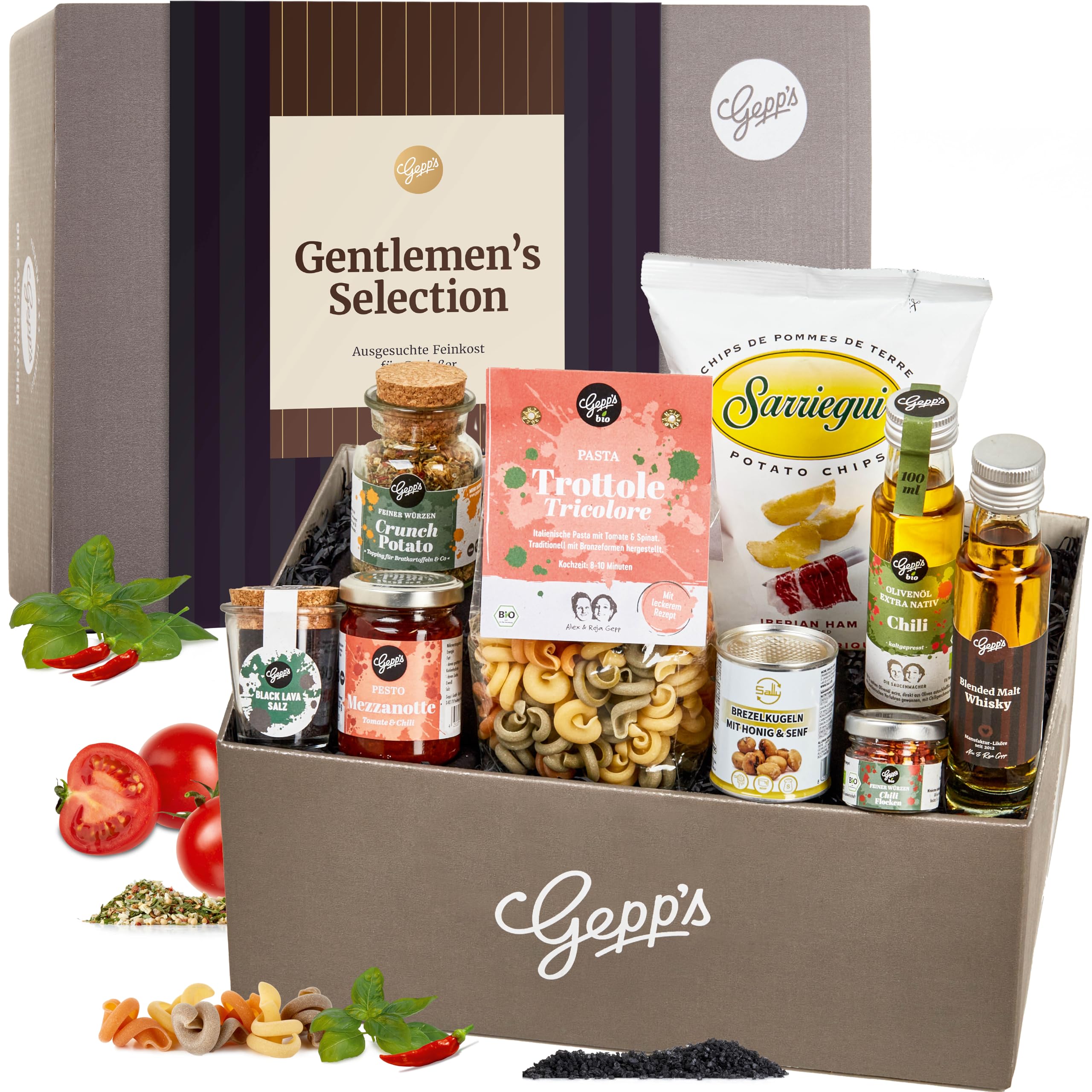 Gepp’s Feinkost Geschenkset Männer Gentlemen’s Selection Geschenkkorb mit Spezialitäten Whisky Pasta Pesto Mezzanotte Iberic Ham Chips