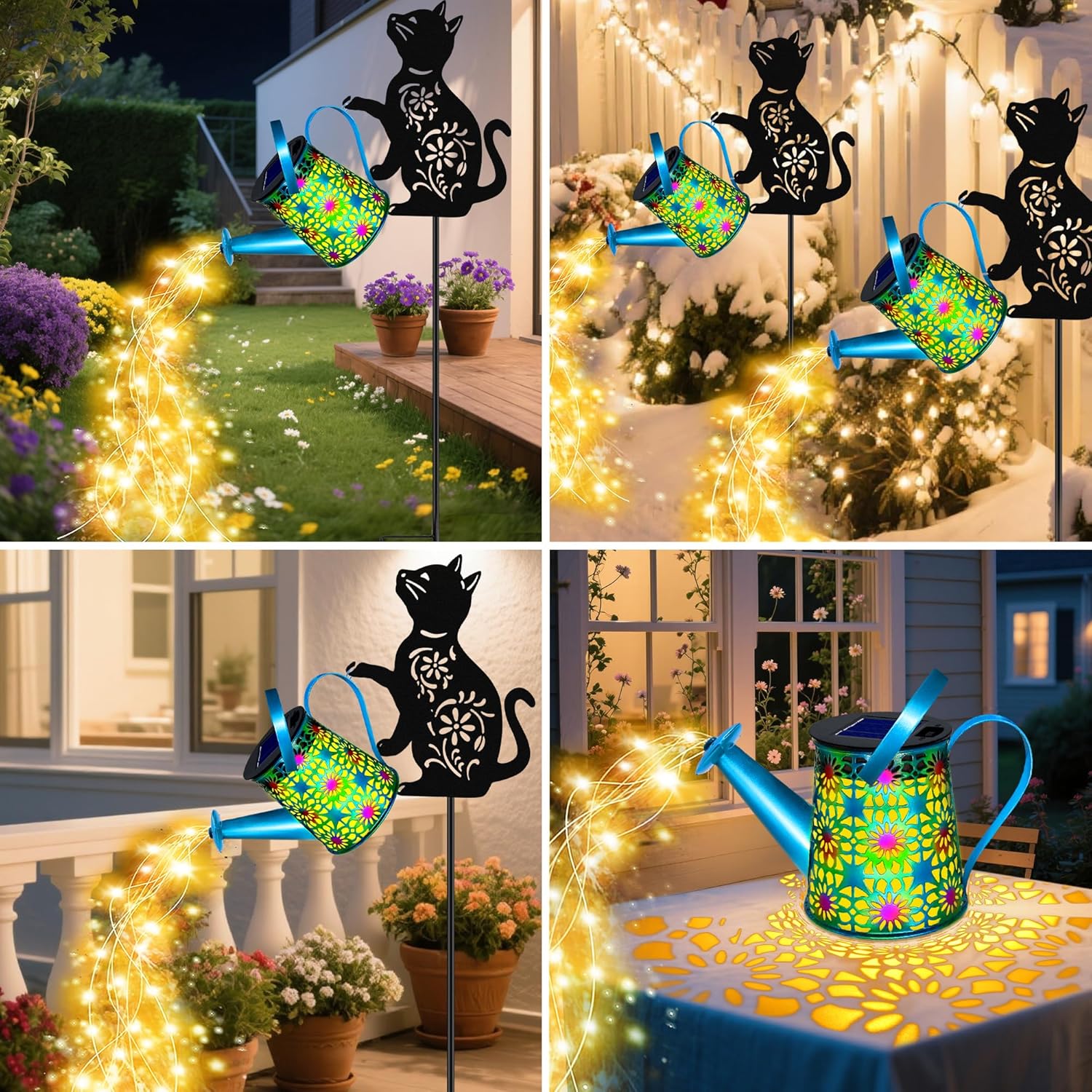 Black Cat Solar Watering Can Lights, Birthday Gifts for Women Mom Christmas, Yard Decorations Outdoor Waterproof, Blue Metal Hanging Lantern Solar Lights Garden Decor Patio Pathway, 2 Pack