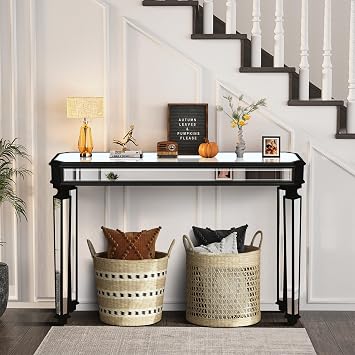 Silver Mirrored Wood Console Table for Living Room, Elegant Modern Rectangle Glass Distressed Wood Frame Entryway Desk for Hallway, 48 Inches, Silver Black