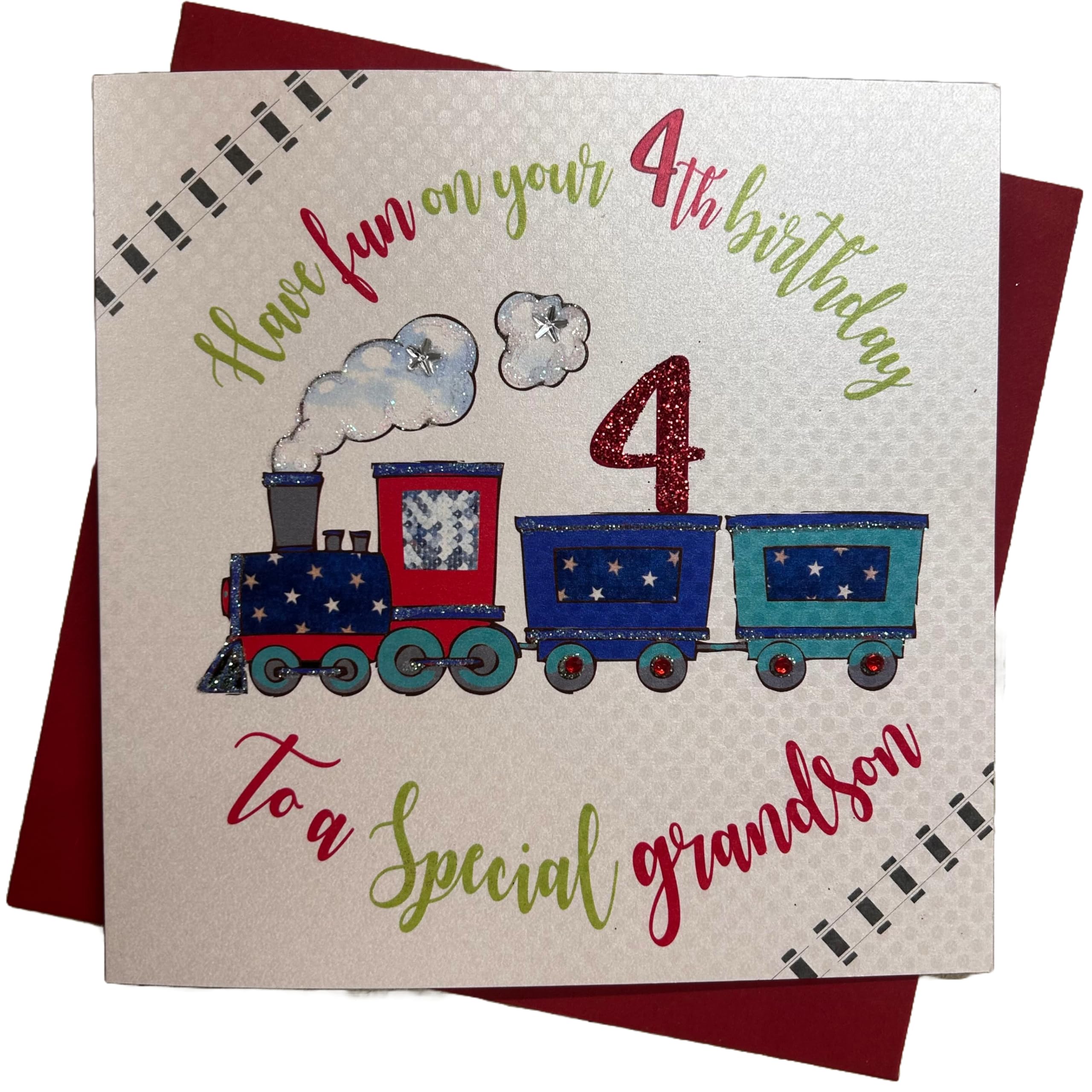 White Cotton Cards Train, Special Grandson Happy 4" Handmade 4Th Birthday Card, Wb90-4