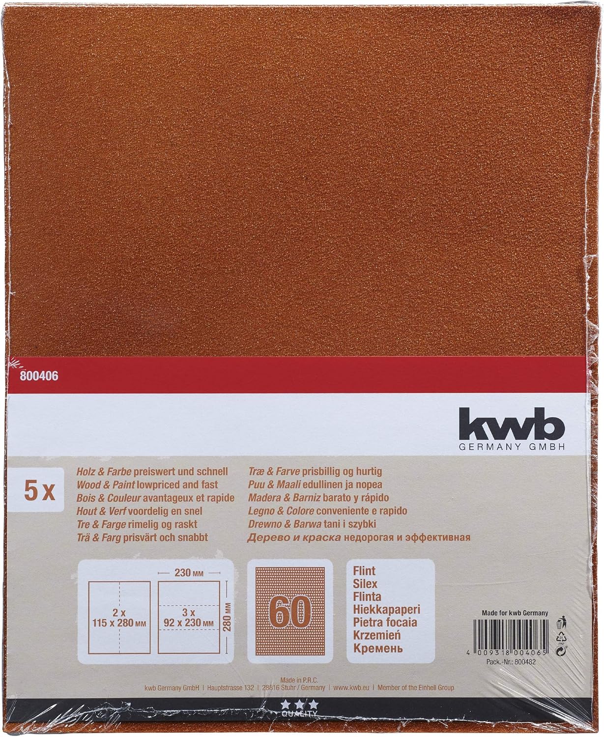 kwb 800406 Paper Sanding Sheets Flint for Wood, Paint and Spatula 230 x 280 mm Welded Pack of 5 Grain K-60