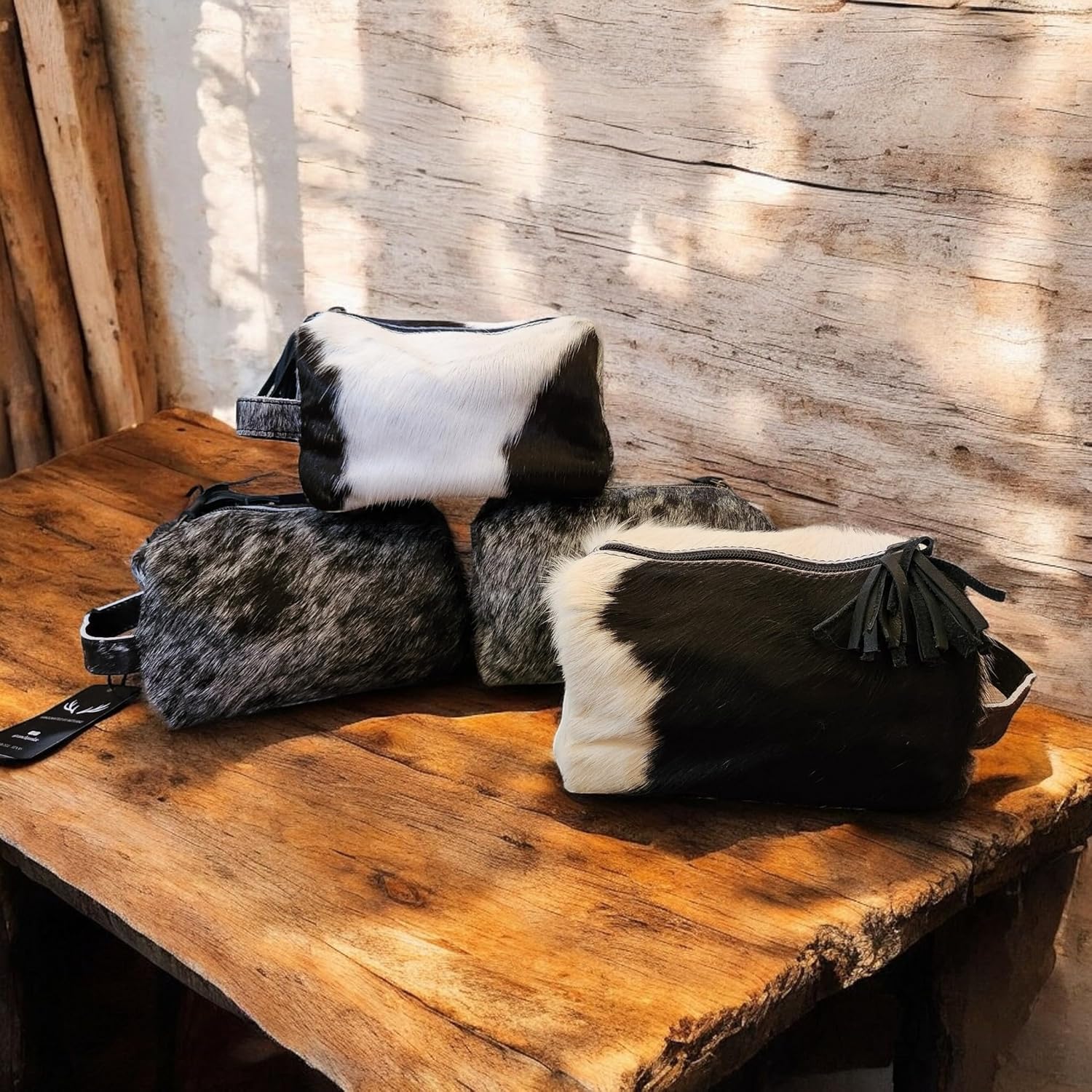 Ranch Junkie Mercantile Genuine Cowhide Handcrafted Cosmetic Pouch Highlands Black Mix Cowhide Makeup Bag